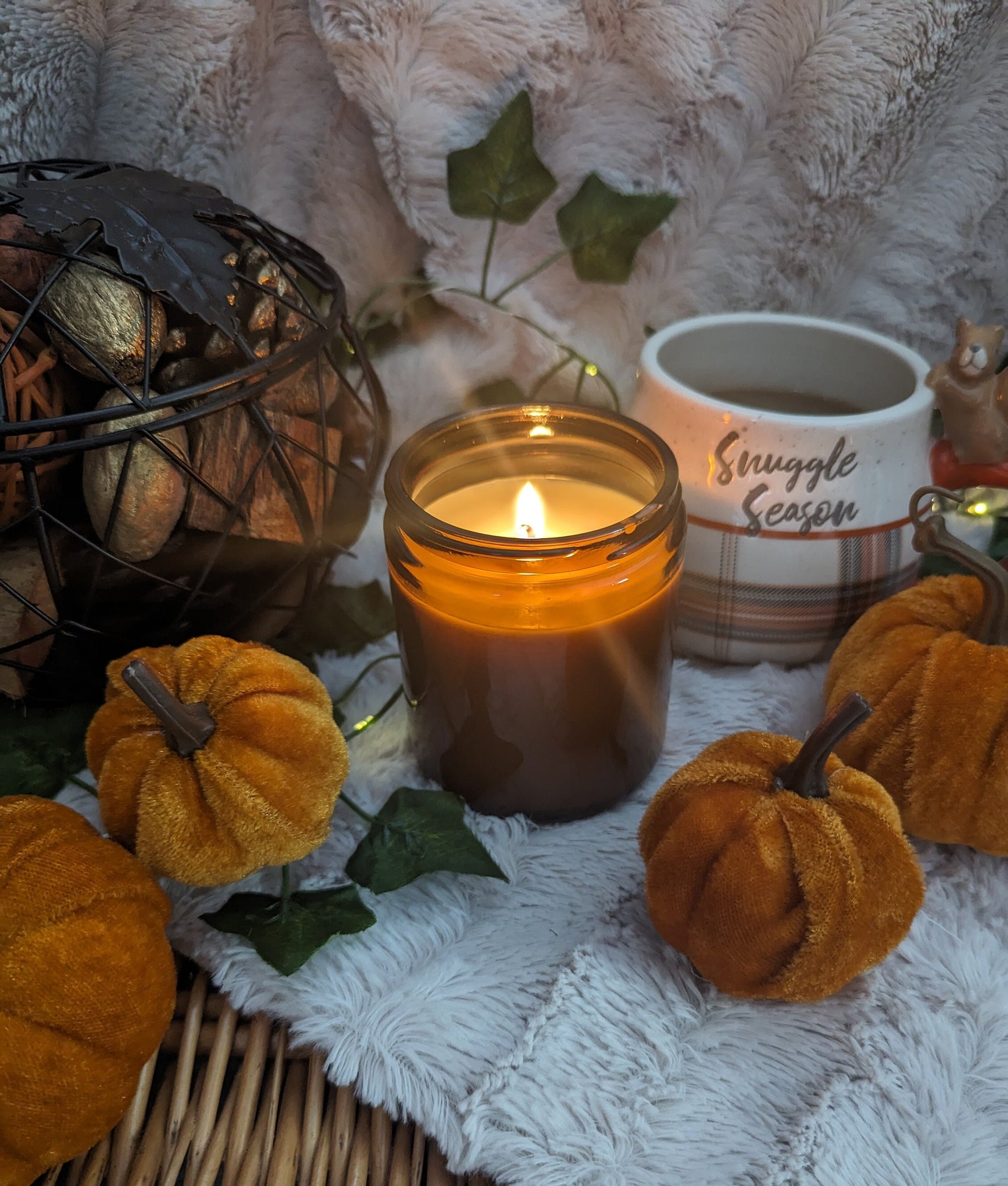 Hello Autumn Luxury Scented Candle - 100% organic soy wax candle with premium essential oils in amber glass jar. Eco friendly.