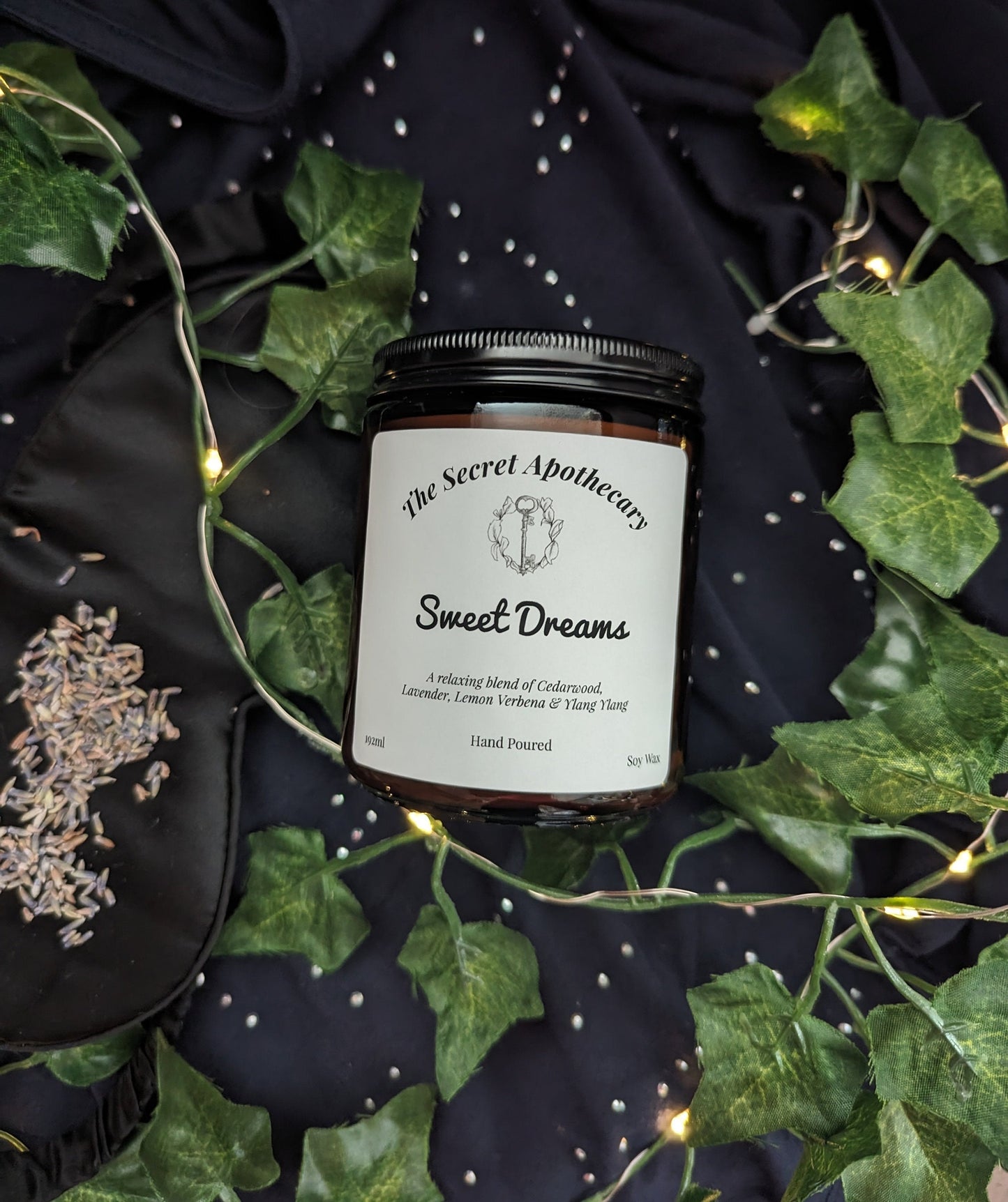 Sweet Dreams Luxury Scented Candle - 100% organic soy wax candle with premium essential oils in amber glass jar. Eco friendly.
