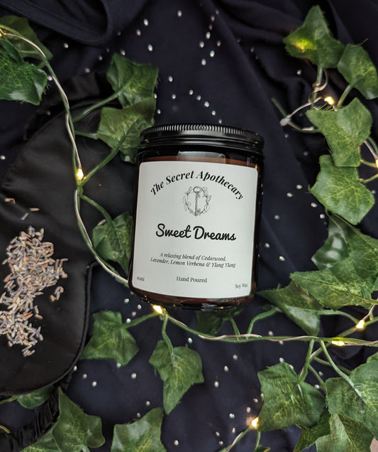 Sweet Dreams Luxury Scented Candle - 100% organic soy wax candle with premium essential oils in amber glass jar. Eco friendly.