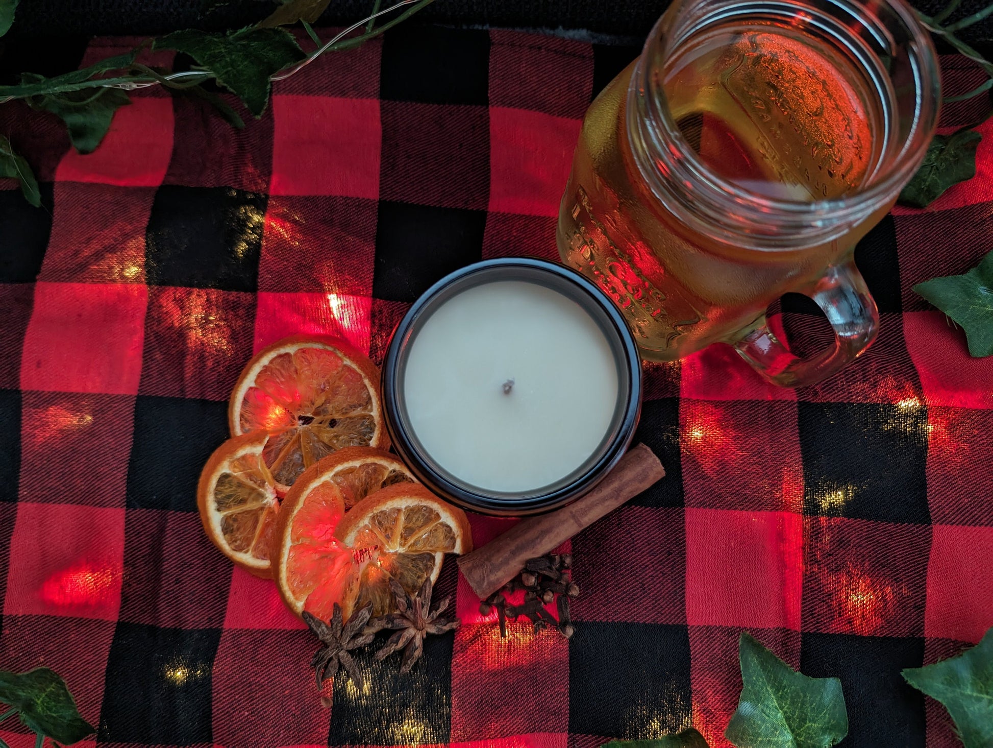 Mulled Cider Luxury Scented Candle - 100% organic soy wax candle with premium essential oils in amber glass jar. Eco friendly.