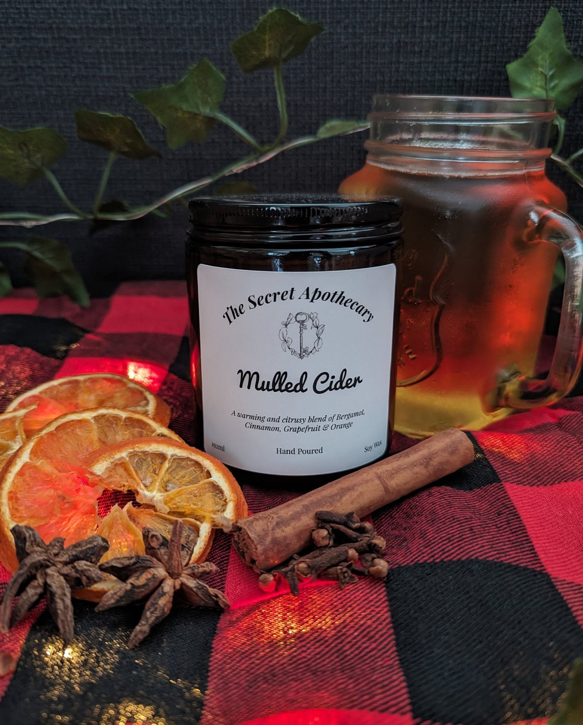 Mulled Cider Luxury Scented Candle - 100% organic soy wax candle with premium essential oils in amber glass jar. Eco friendly.