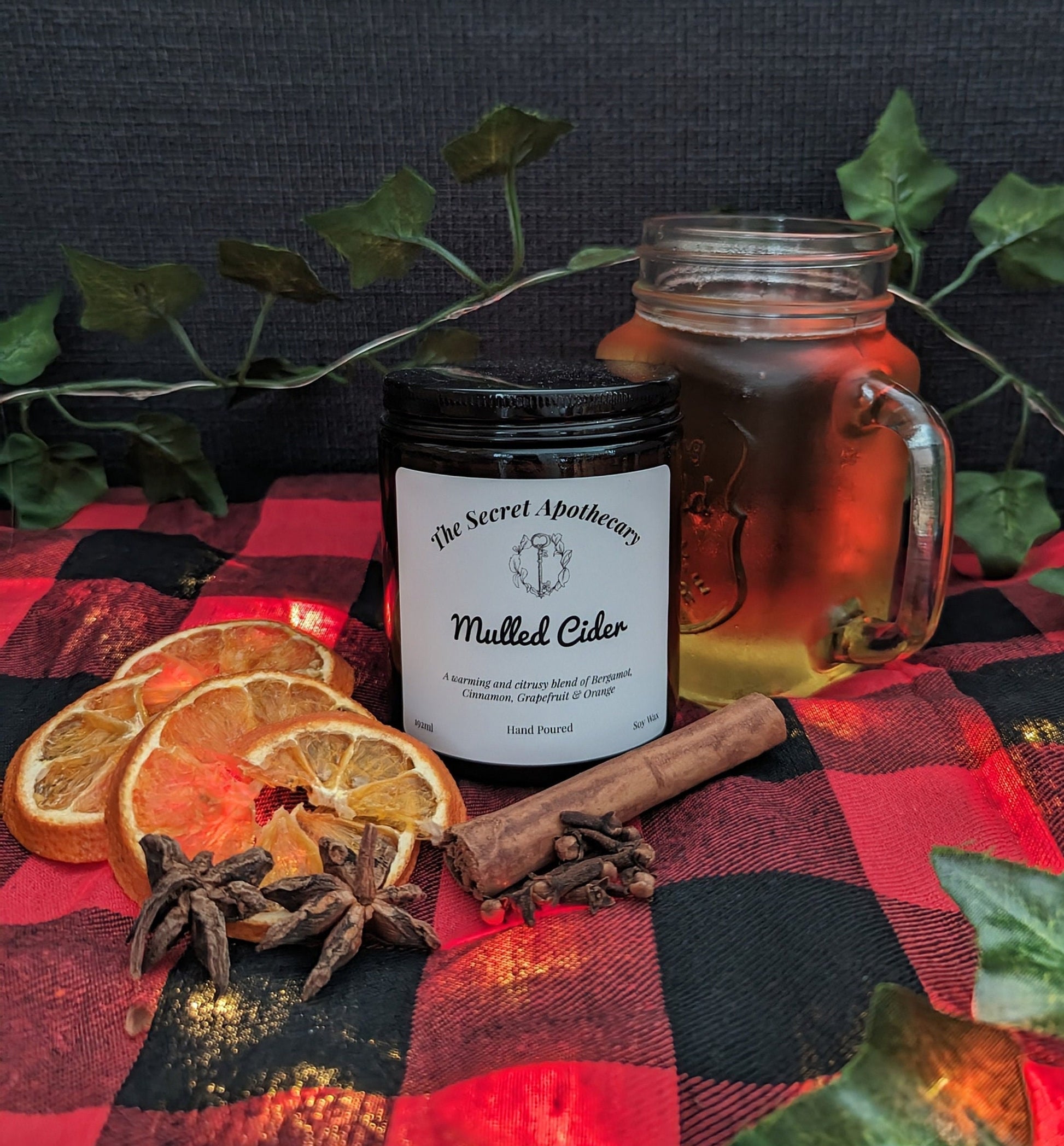 Mulled Cider Luxury Scented Candle - 100% organic soy wax candle with premium essential oils in amber glass jar. Eco friendly.
