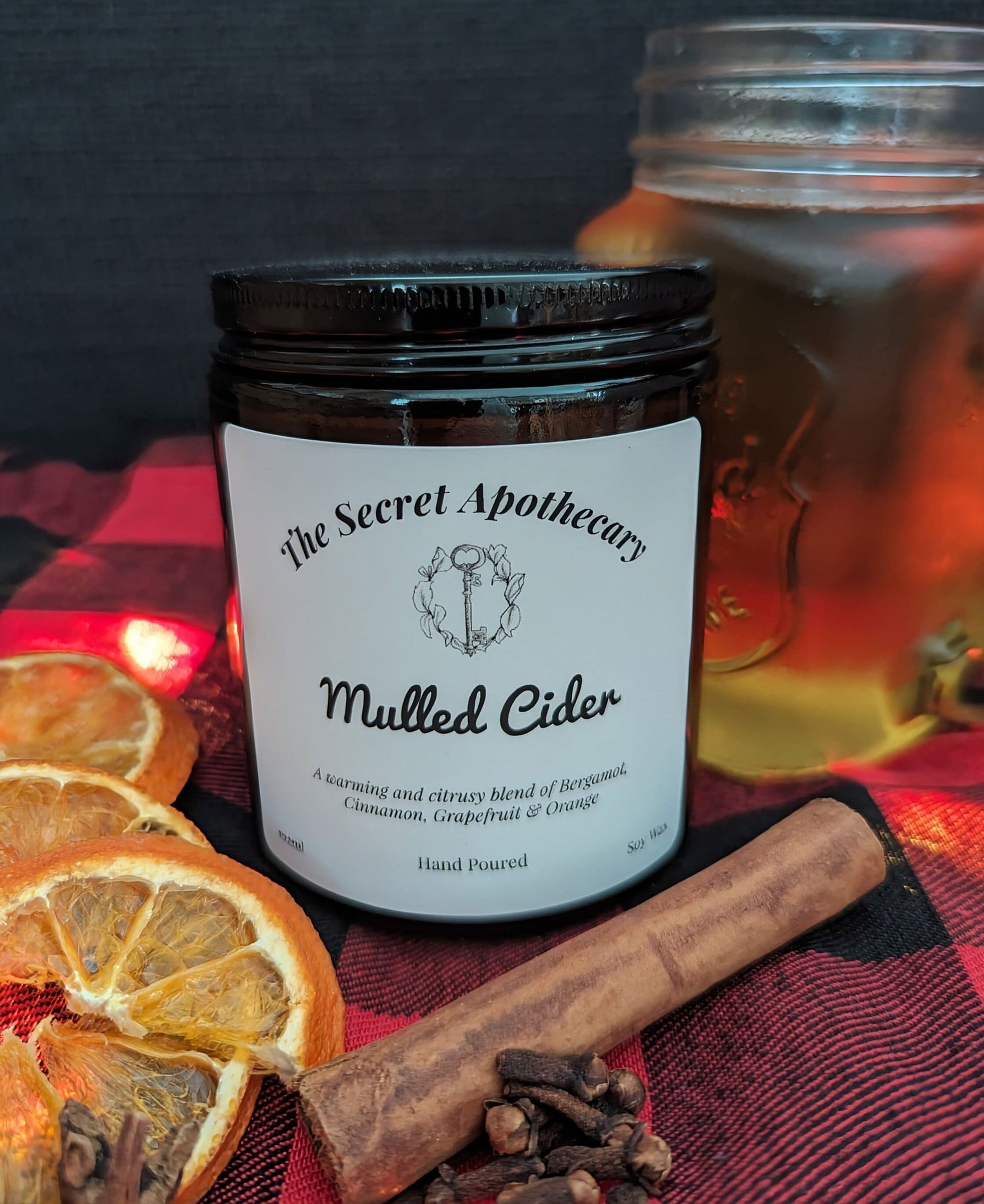 Mulled Cider Luxury Scented Candle - 100% organic soy wax candle with premium essential oils in amber glass jar. Eco friendly.