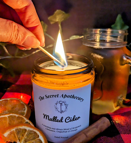 Mulled Cider Luxury Scented Candle - 100% organic soy wax candle with premium essential oils in amber glass jar. Eco friendly.