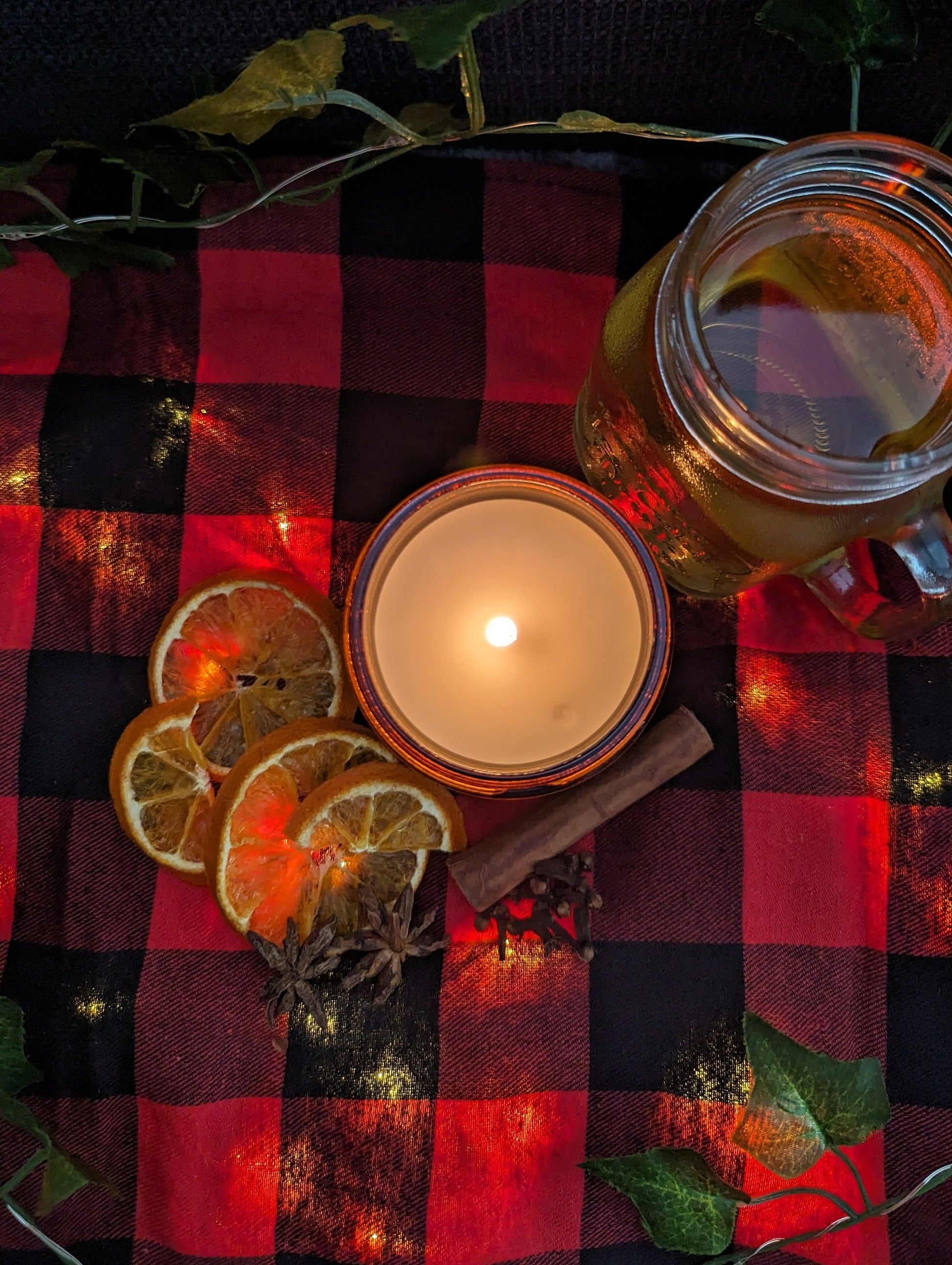 Mulled Cider Luxury Scented Candle - 100% organic soy wax candle with premium essential oils in amber glass jar. Eco friendly.