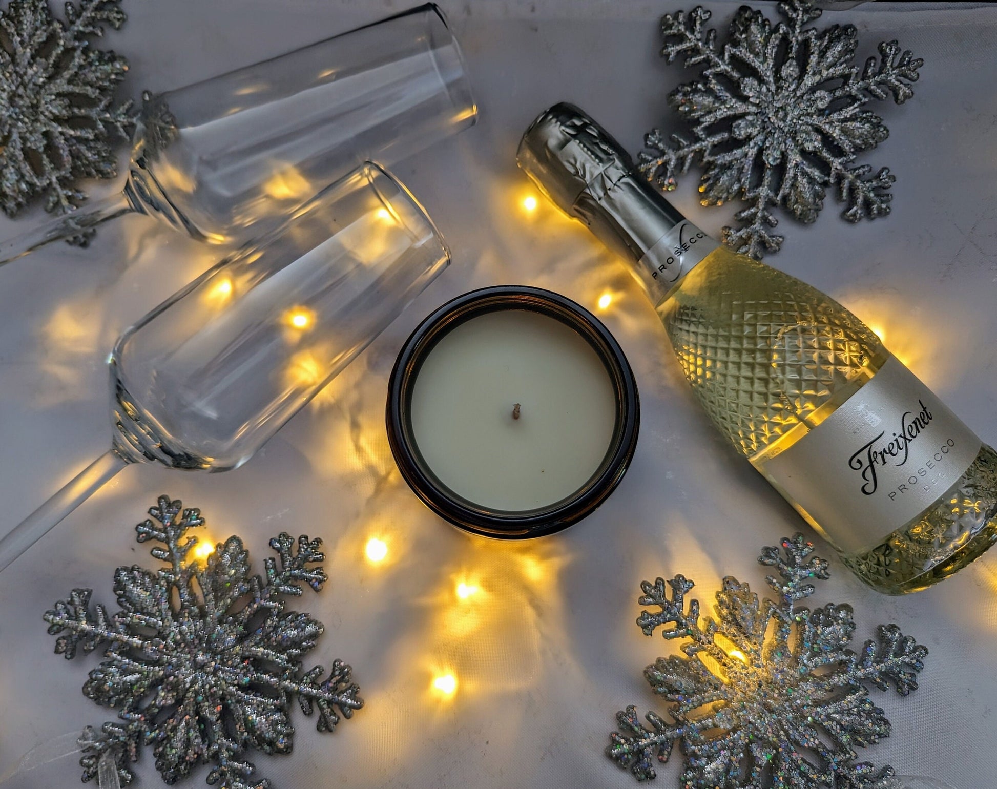 Festive Fizz Luxury Scented Candle - 100% organic soy wax candle with premium essential oils in amber glass jar. Eco friendly.