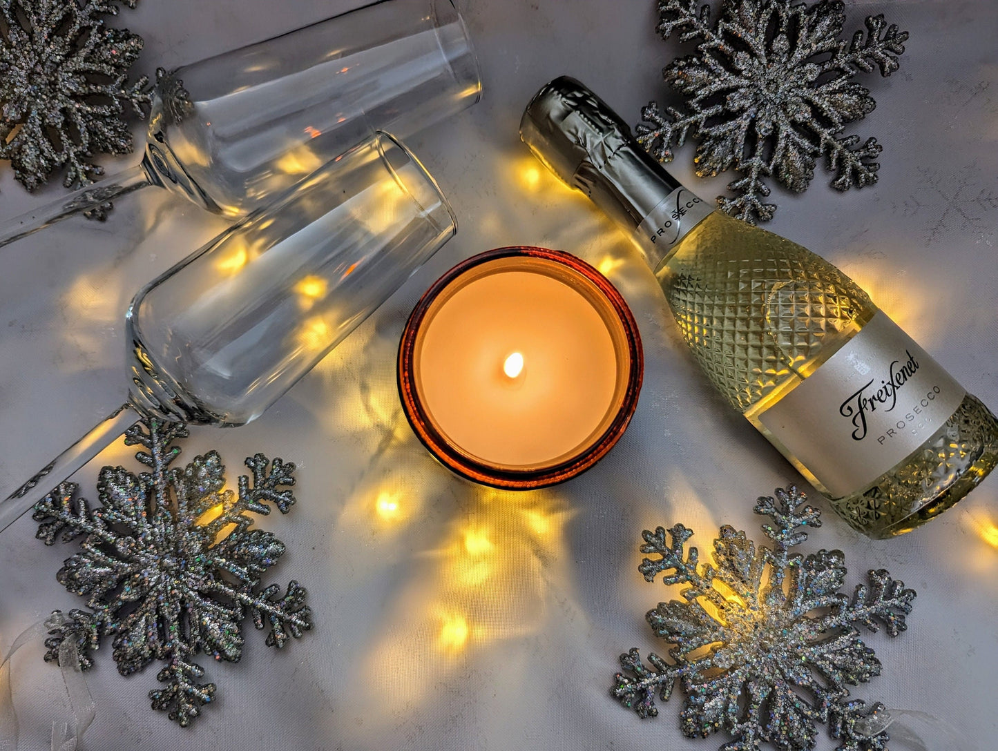 Festive Fizz Luxury Scented Candle - 100% organic soy wax candle with premium essential oils in amber glass jar. Eco friendly.