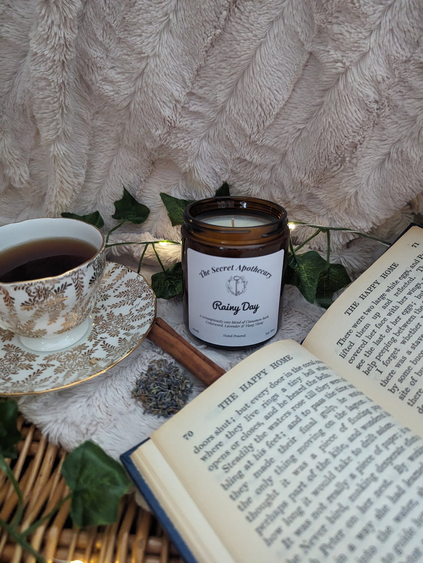 Rainy Day Luxury Scented Candle - 100% organic soy wax candle with premium essential oils in amber glass jar. Eco friendly.