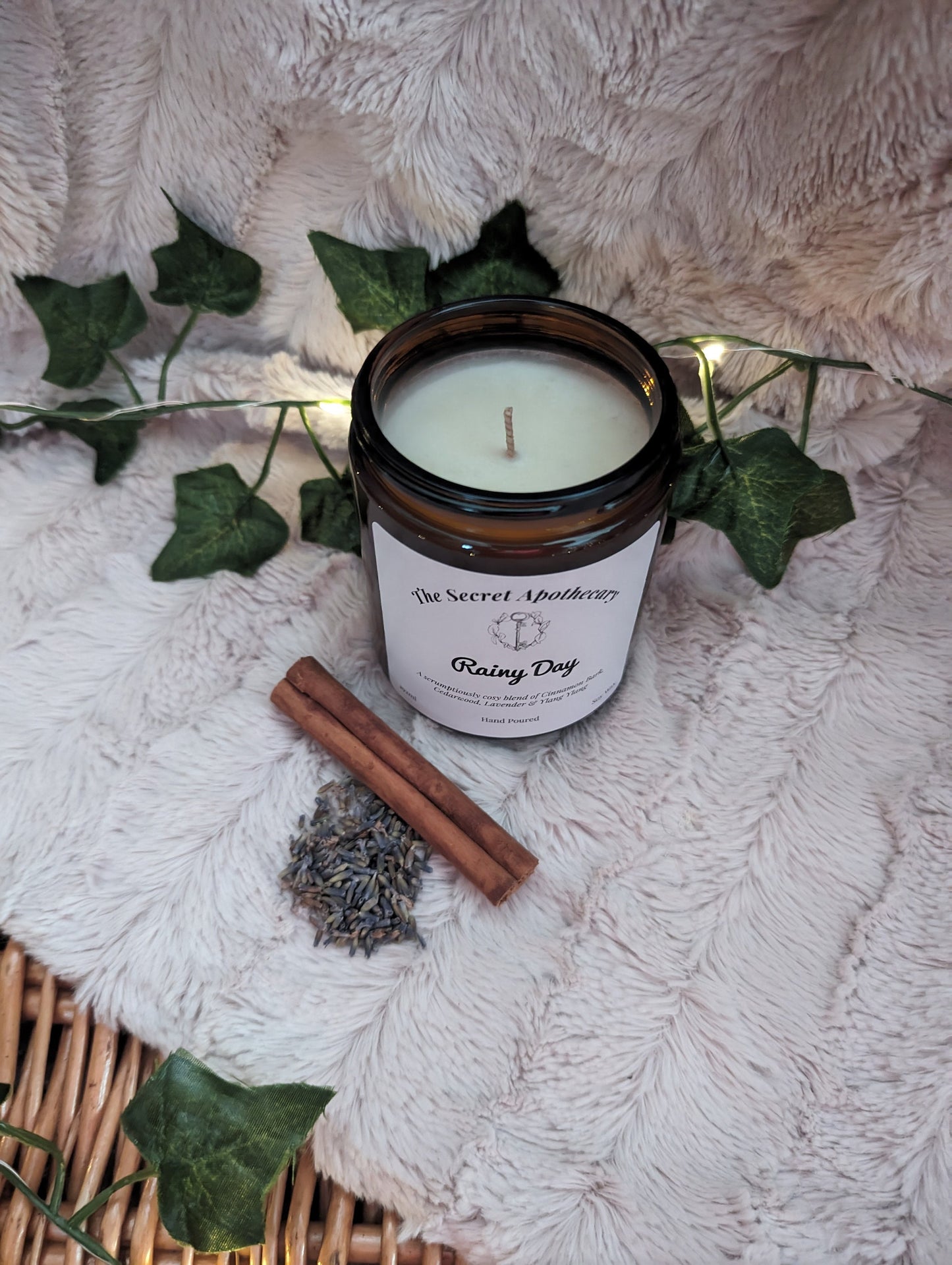 Rainy Day Luxury Scented Candle - 100% organic soy wax candle with premium essential oils in amber glass jar. Eco friendly.
