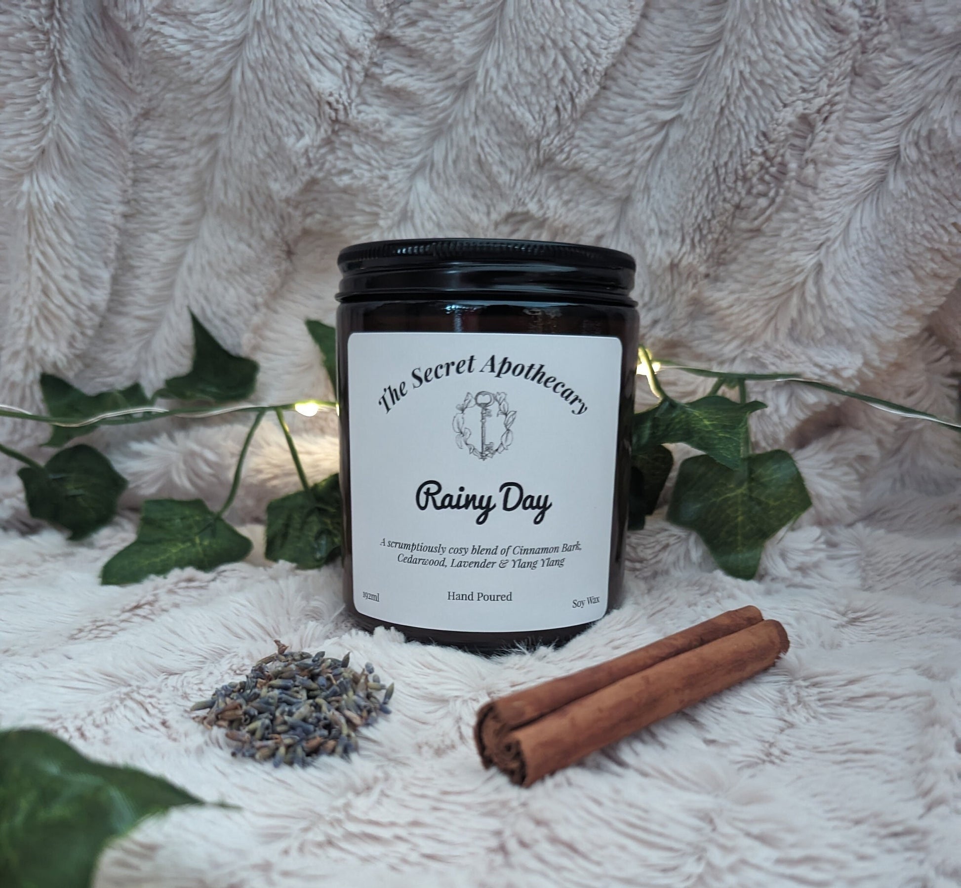 Rainy Day Luxury Scented Candle - 100% organic soy wax candle with premium essential oils in amber glass jar. Eco friendly.