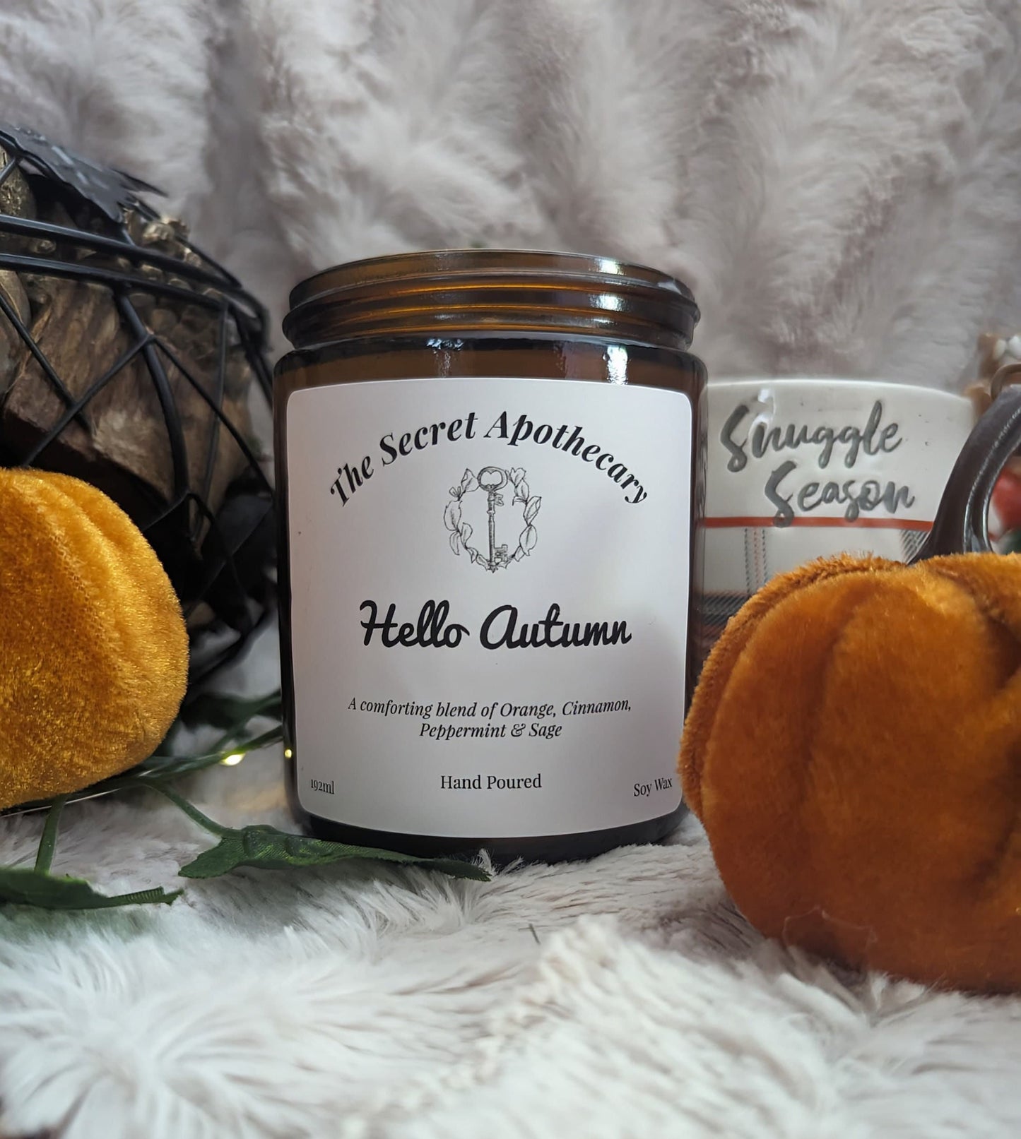 Hello Autumn Luxury Scented Candle - 100% organic soy wax candle with premium essential oils in amber glass jar. Eco friendly.