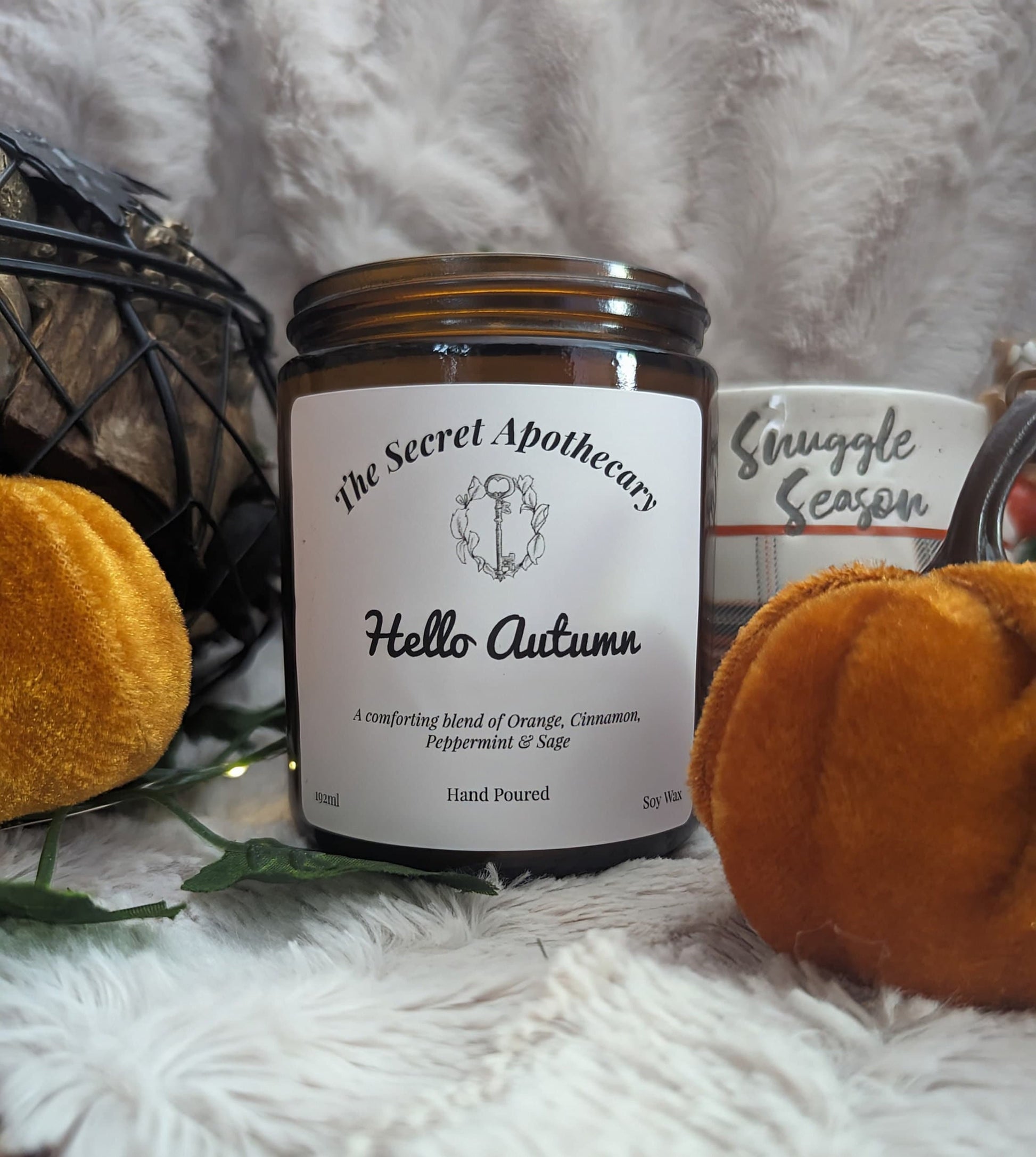 Hello Autumn Luxury Scented Candle - 100% organic soy wax candle with premium essential oils in amber glass jar. Eco friendly.