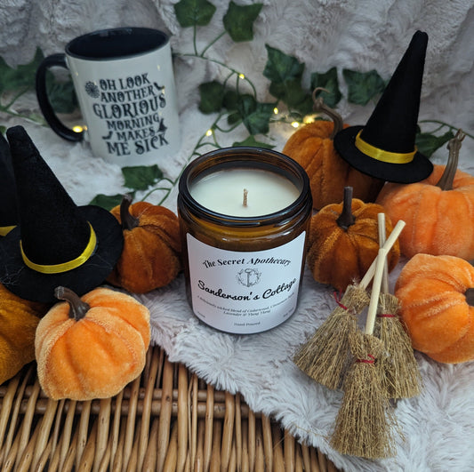 Sanderson's Cottage Luxury Scented Candle - 100% organic soy wax candle with premium essential oils in amber glass jar. Eco friendly.