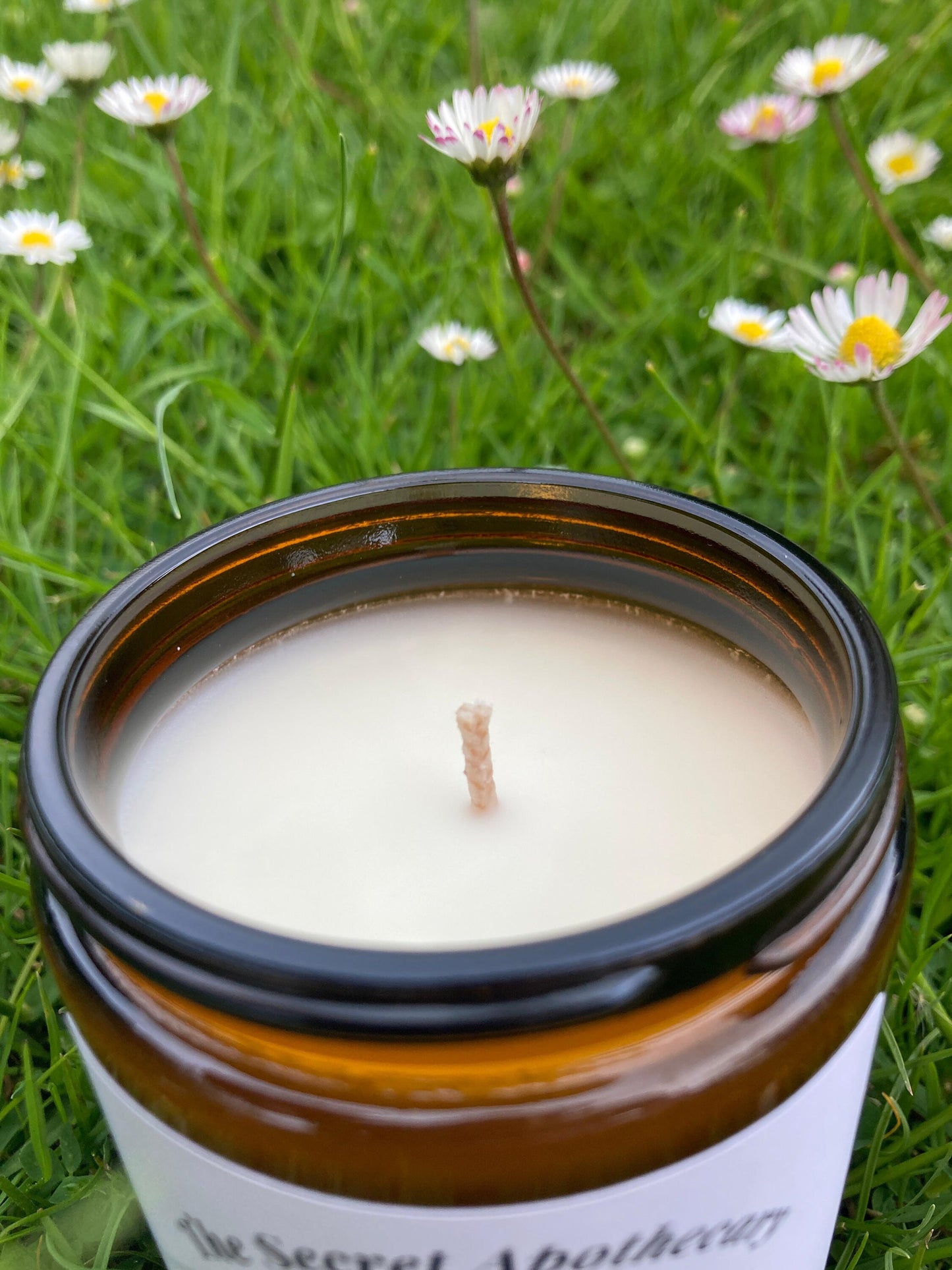 New Beginnings Luxury Scented Candle - 100 % organic soy wax candle with premium essential oils in amber glass jar. Eco friendly.