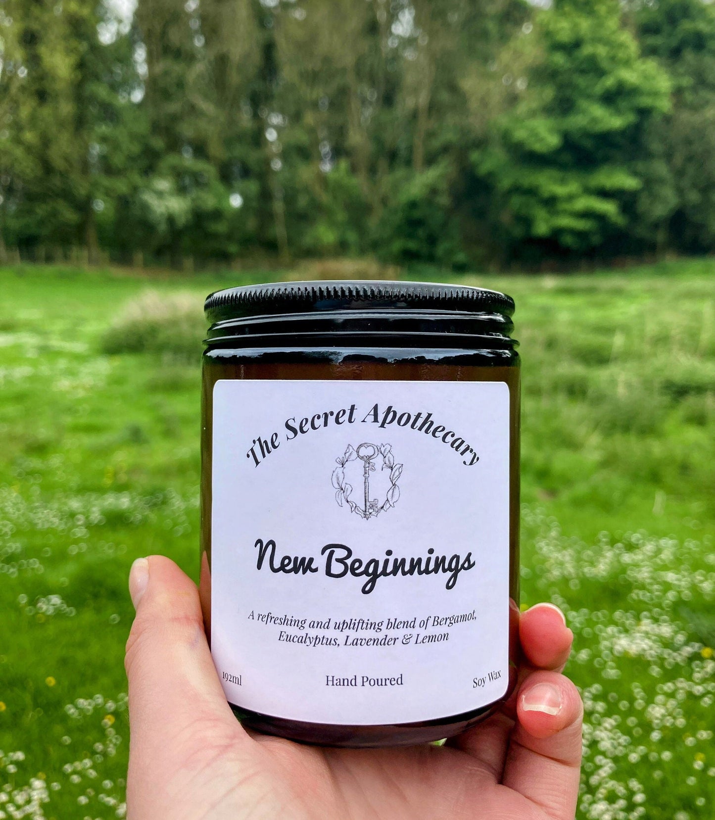 New Beginnings Luxury Scented Candle - 100 % organic soy wax candle with premium essential oils in amber glass jar. Eco friendly.