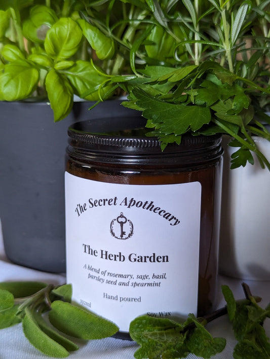 The Herb Garden Luxury Scented Candle - 100% organic soy wax candle with premium essential oils in amber glass jar. Eco friendly.