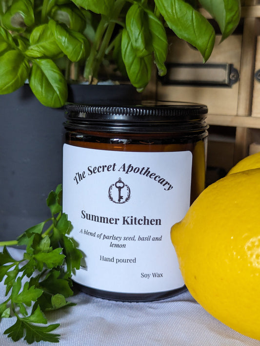 Summer Kitchen Luxury Scented Candle - 100% organic soy wax candle with premium essential oils in amber glass jar. Eco friendly.