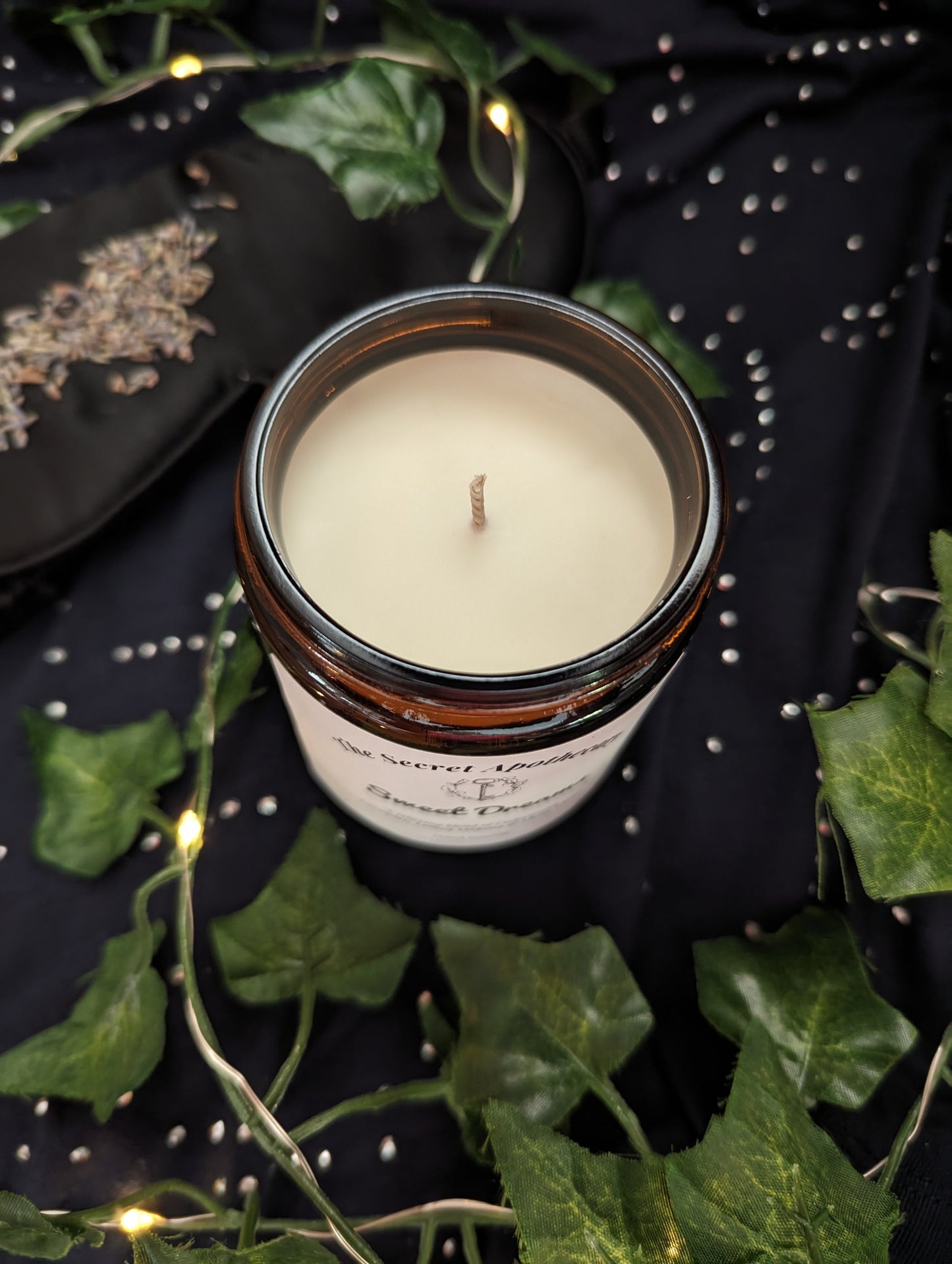 Sweet Dreams Luxury Scented Candle - 100% organic soy wax candle with premium essential oils in amber glass jar. Eco friendly.