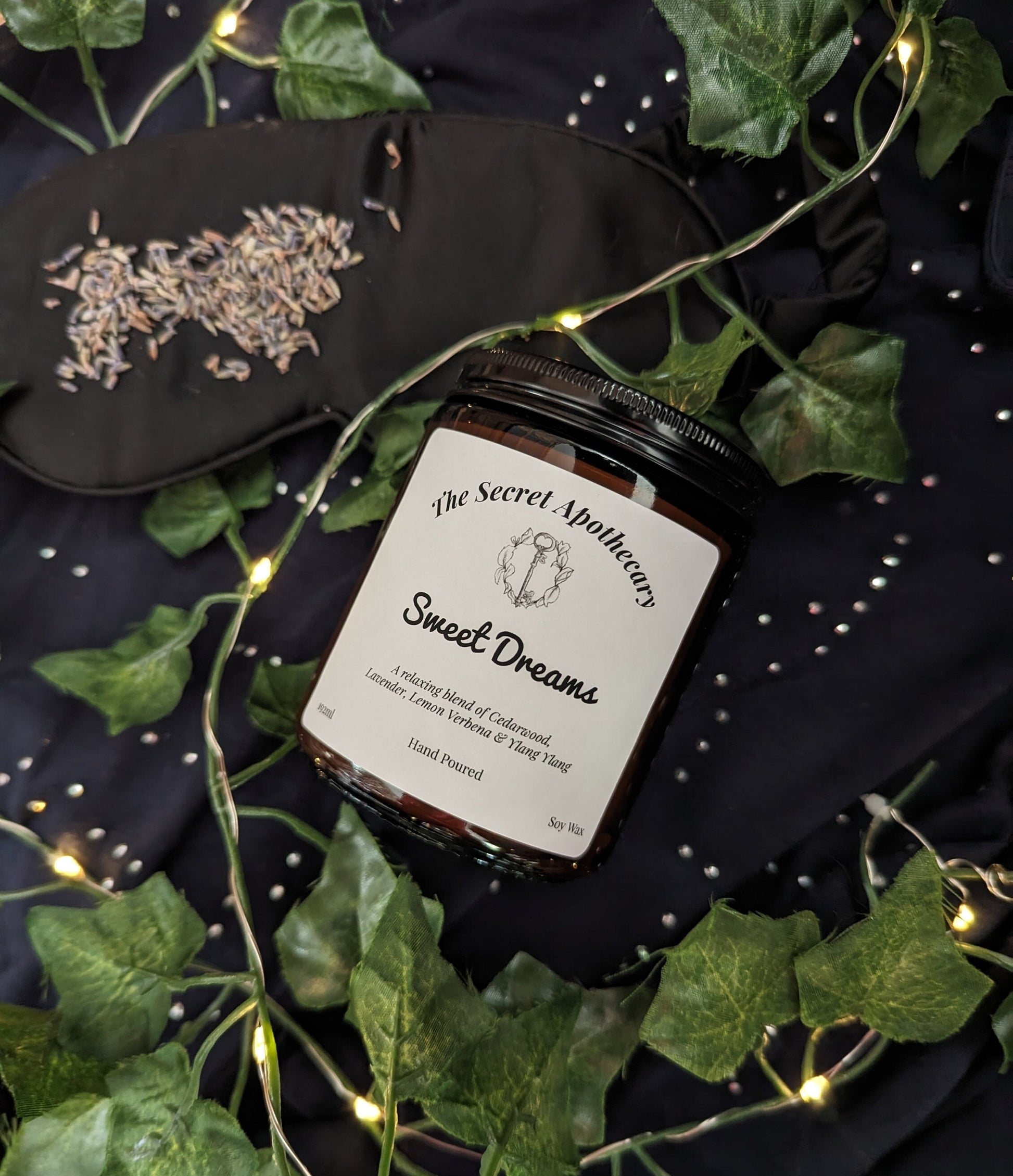 Sweet Dreams Luxury Scented Candle - 100% organic soy wax candle with premium essential oils in amber glass jar. Eco friendly.