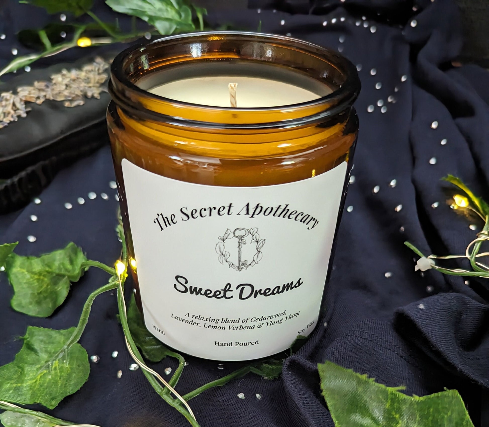 Sweet Dreams Luxury Scented Candle - 100% organic soy wax candle with premium essential oils in amber glass jar. Eco friendly.