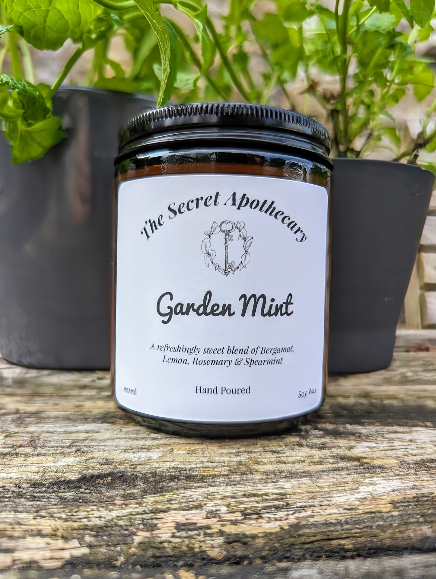 Garden Mint Luxury Scented Candle - 100% organic soy wax candle with premium essential oils in amber glass jar. Eco friendly.
