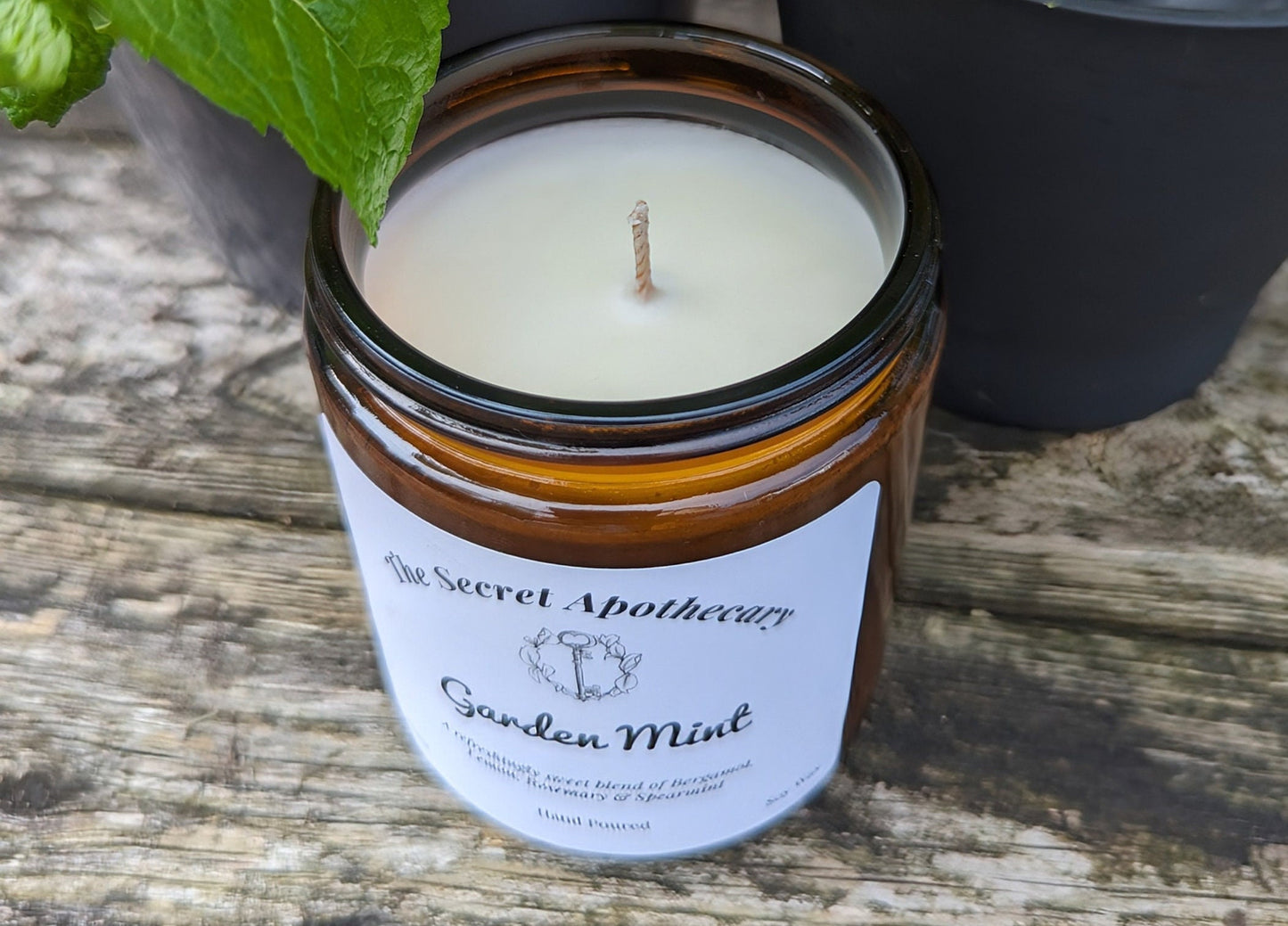 Garden Mint Luxury Scented Candle - 100% organic soy wax candle with premium essential oils in amber glass jar. Eco friendly.