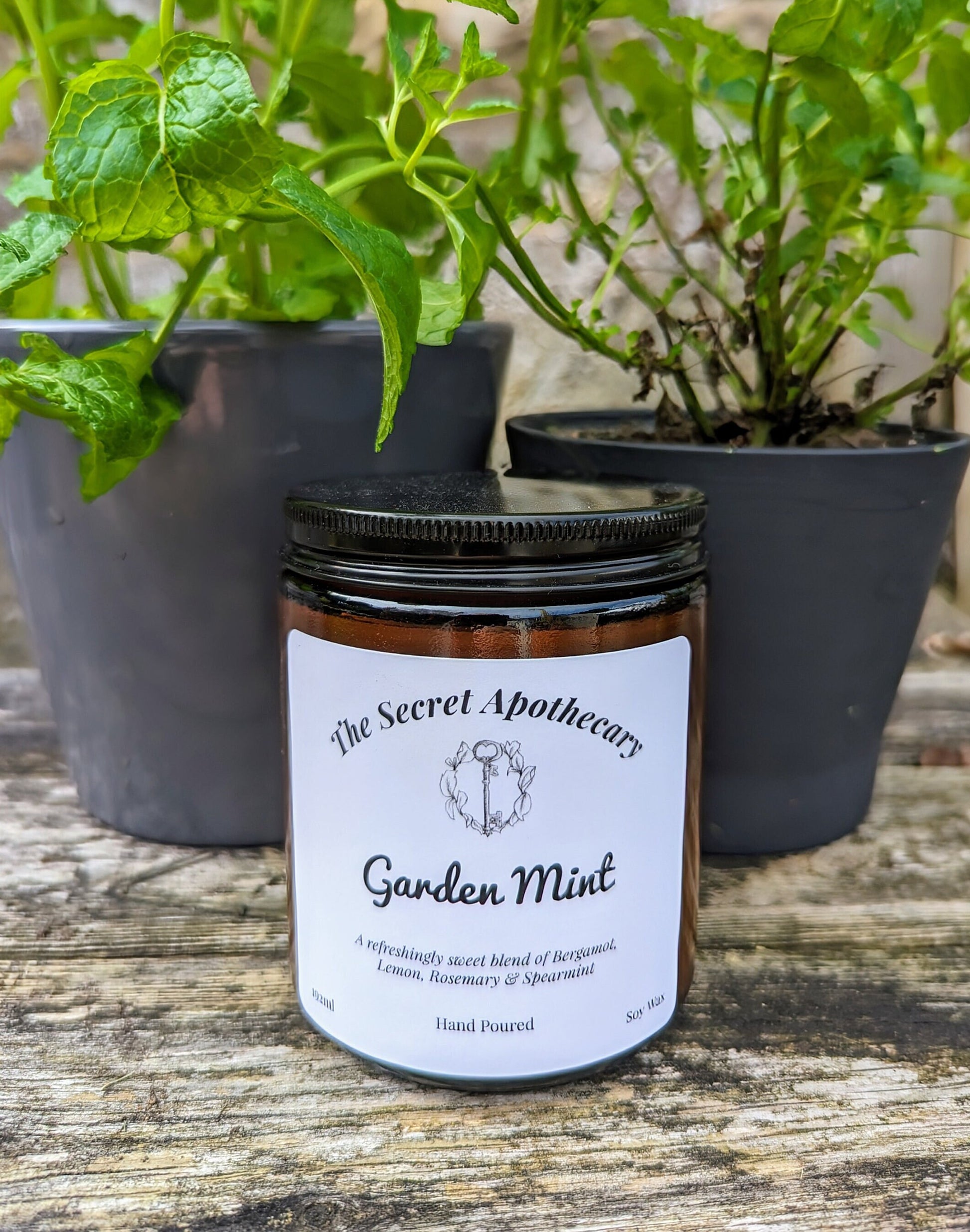 Garden Mint Luxury Scented Candle - 100% organic soy wax candle with premium essential oils in amber glass jar. Eco friendly.