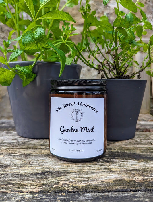 Garden Mint Luxury Scented Candle - 100% organic soy wax candle with premium essential oils in amber glass jar. Eco friendly.