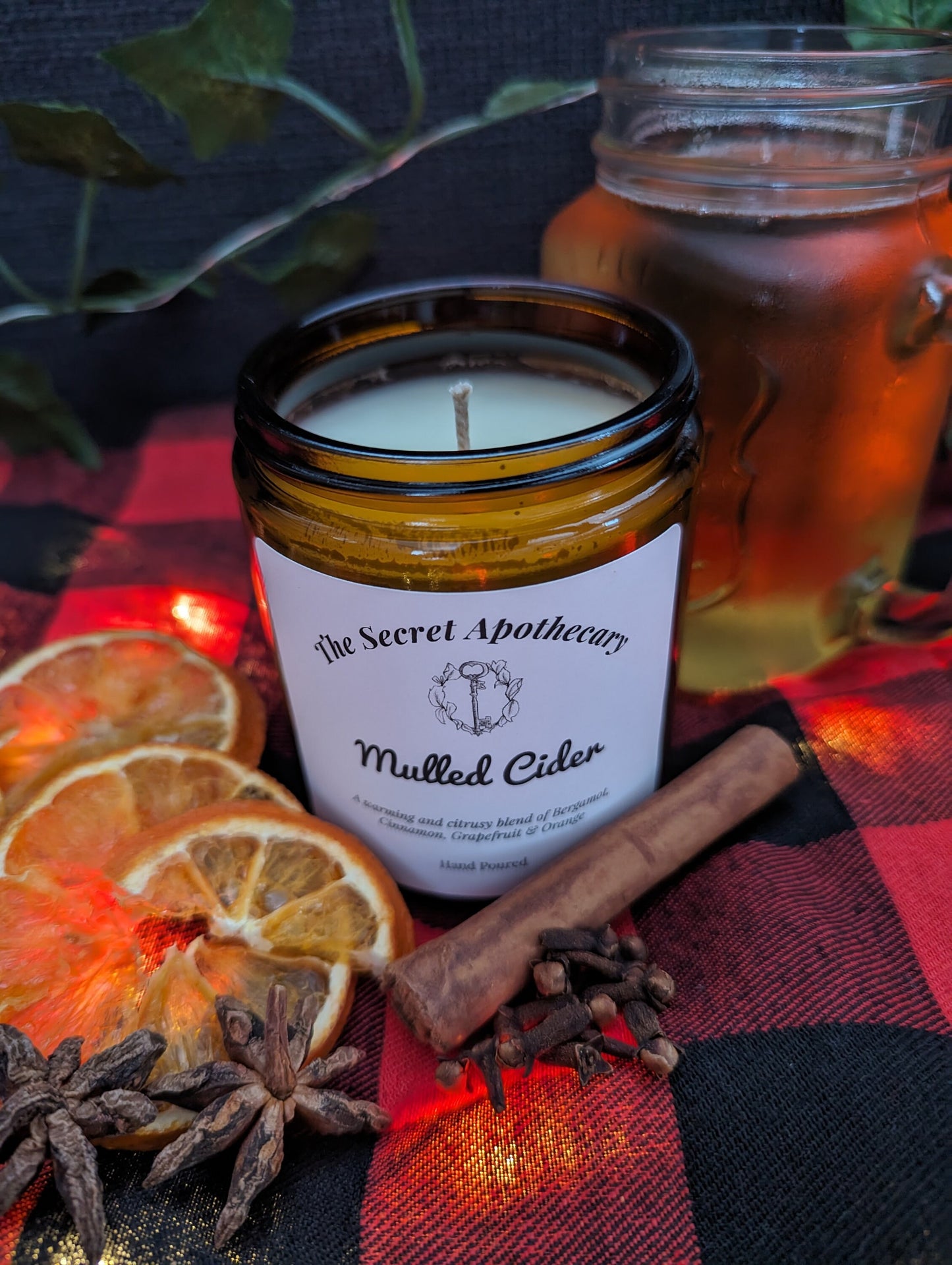 Mulled Cider Luxury Scented Candle - 100% organic soy wax candle with premium essential oils in amber glass jar. Eco friendly.