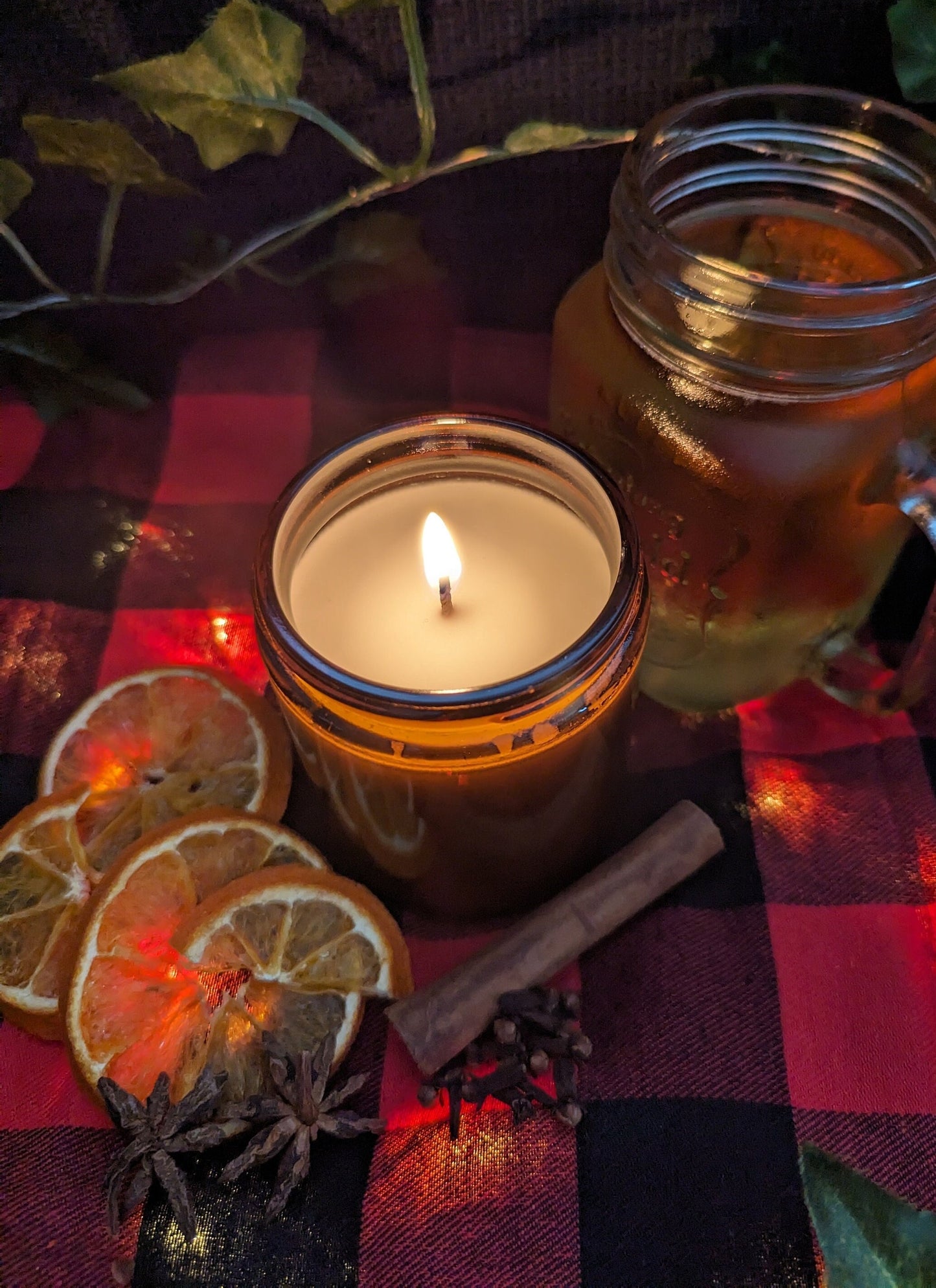 Mulled Cider Luxury Scented Candle - 100% organic soy wax candle with premium essential oils in amber glass jar. Eco friendly.