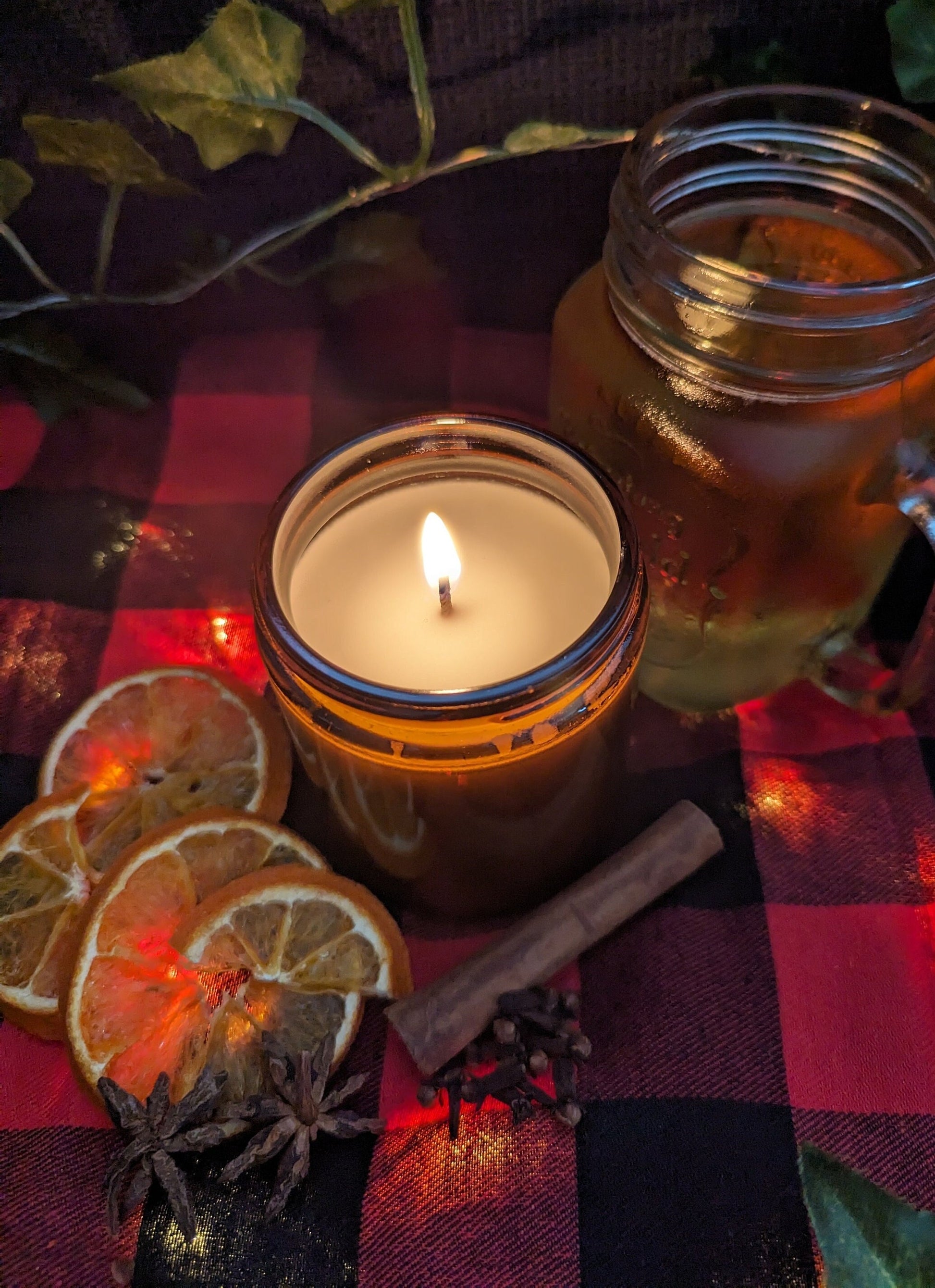Mulled Cider Luxury Scented Candle - 100% organic soy wax candle with premium essential oils in amber glass jar. Eco friendly.
