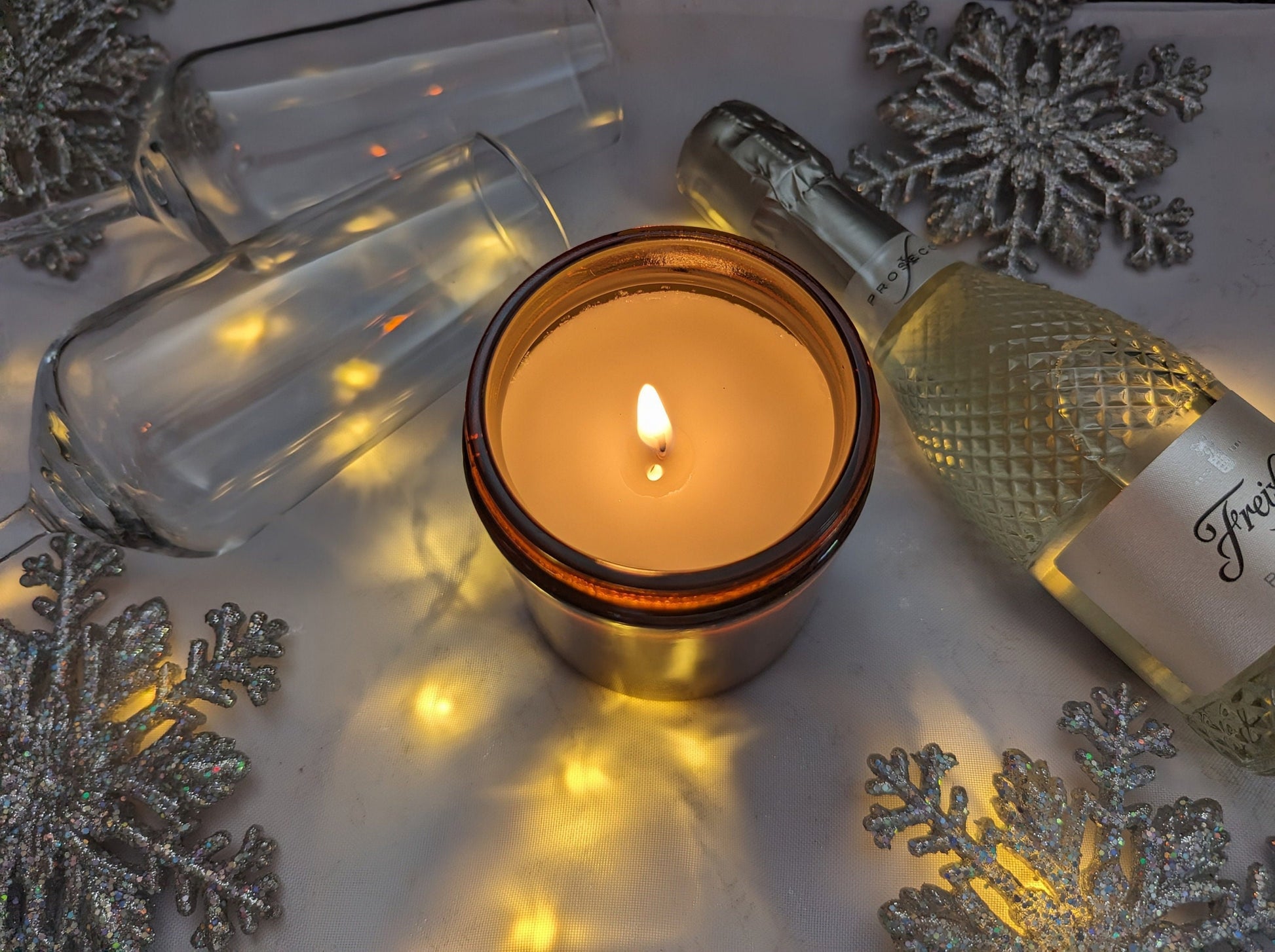 Festive Fizz Luxury Scented Candle - 100% organic soy wax candle with premium essential oils in amber glass jar. Eco friendly.