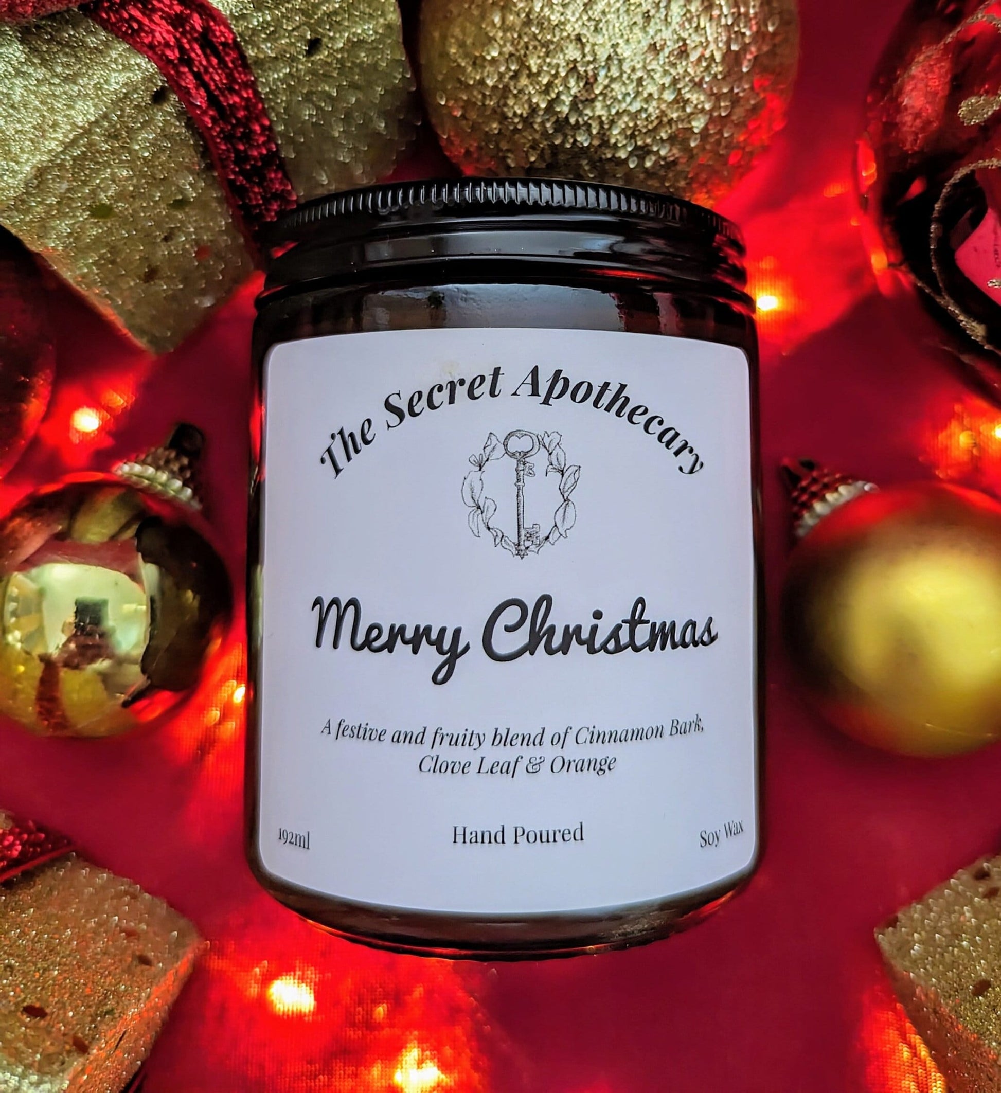Merry Christmas Luxury Scented Candle - 100% organic soy wax candle with premium essential oils in amber glass jar. Eco friendly.