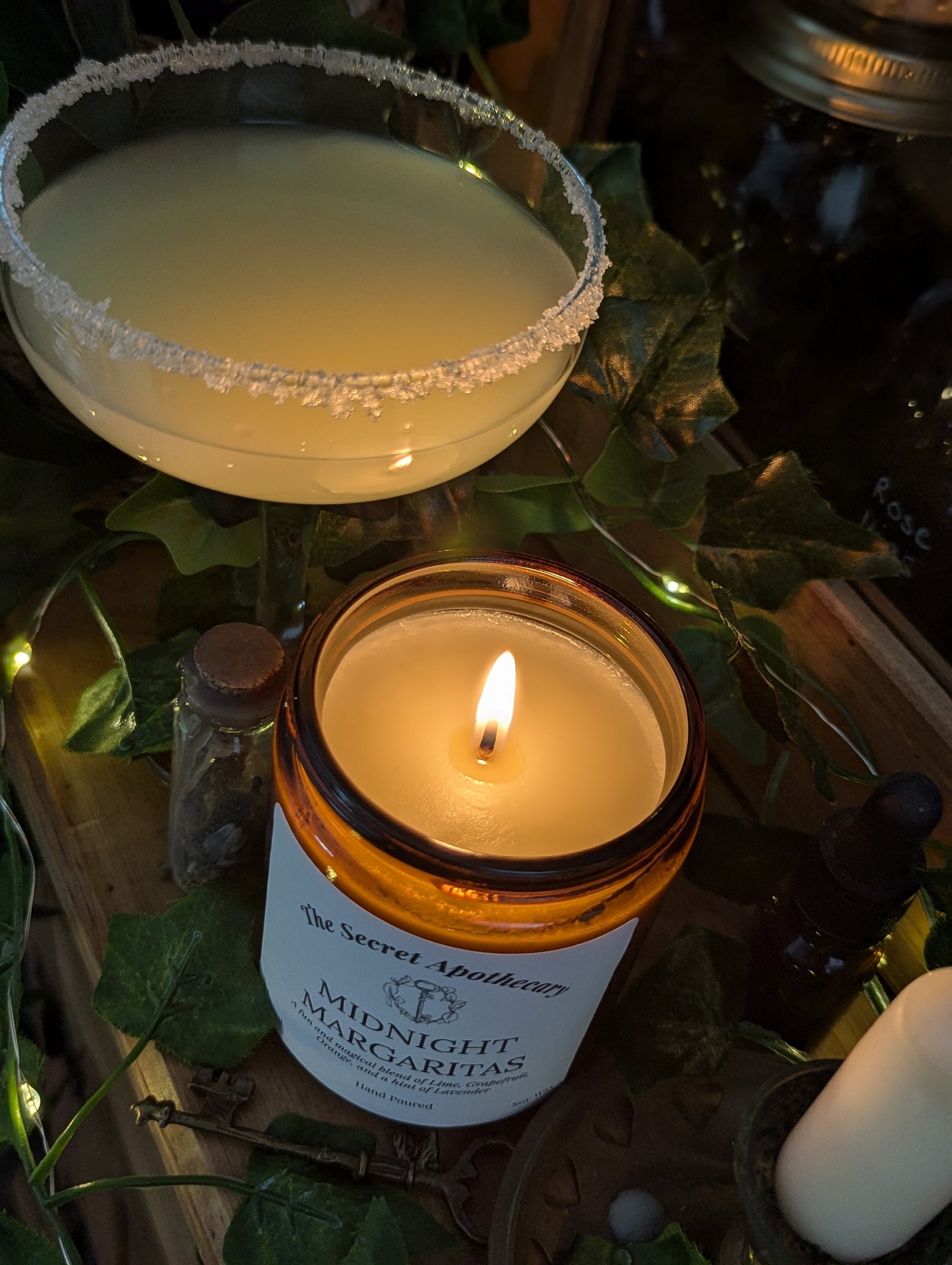Midnight Margaritas Luxury Scented Candle - 100% organic soy wax with premium essential oils in amber glass jar. Eco friendly.