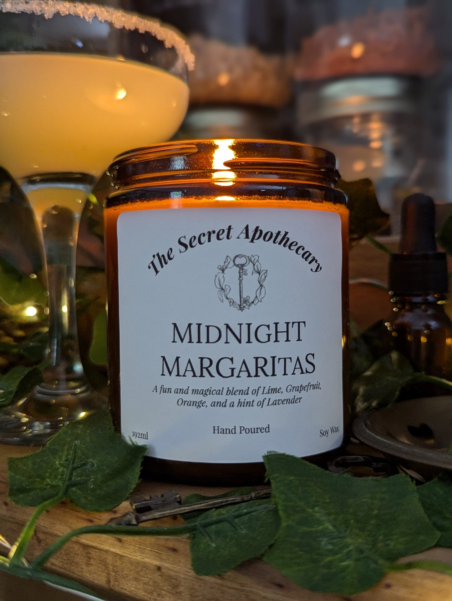 Midnight Margaritas Luxury Scented Candle - 100% organic soy wax with premium essential oils in amber glass jar. Eco friendly.