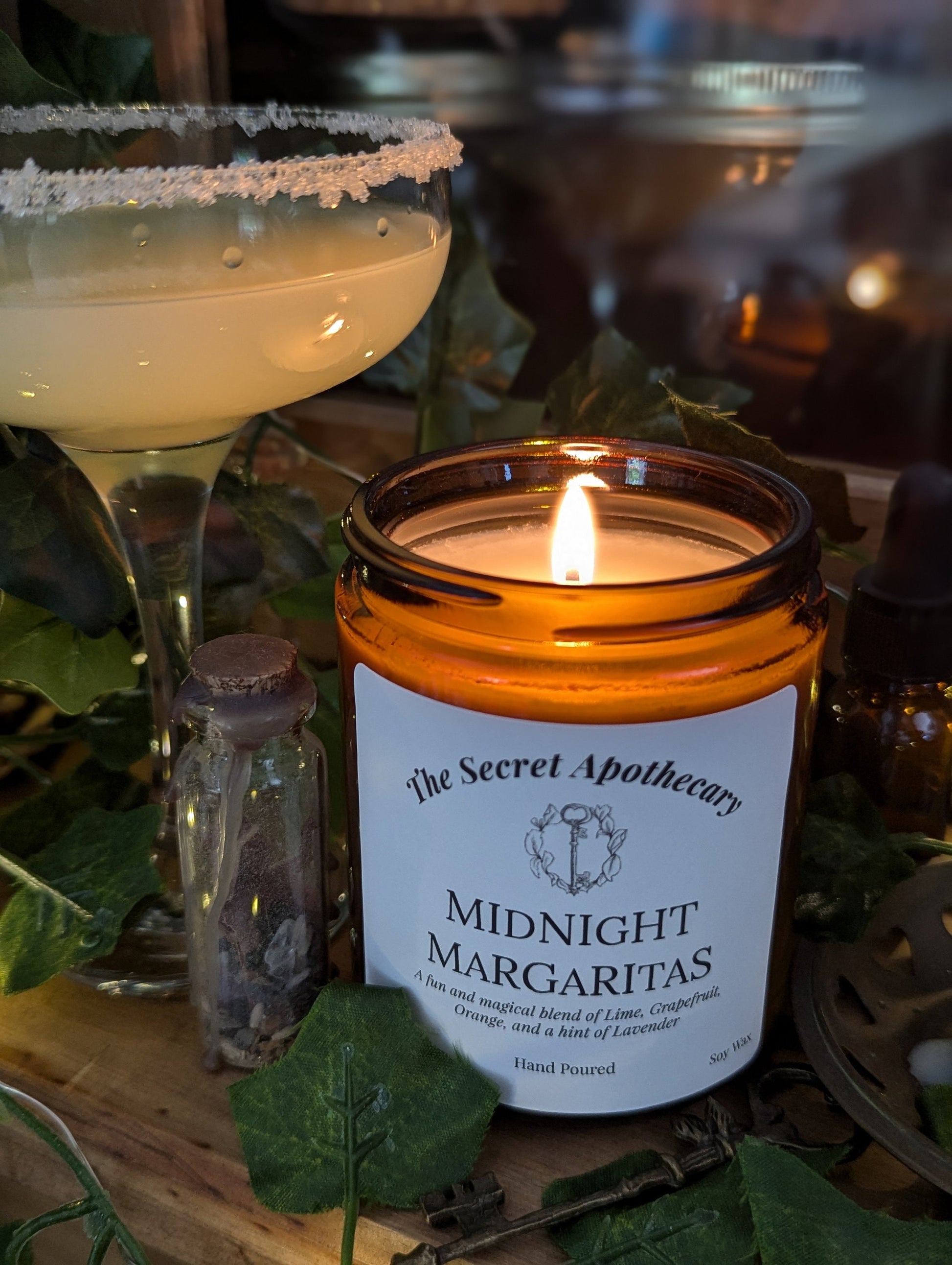 Midnight Margaritas Luxury Scented Candle - 100% organic soy wax with premium essential oils in amber glass jar. Eco friendly.