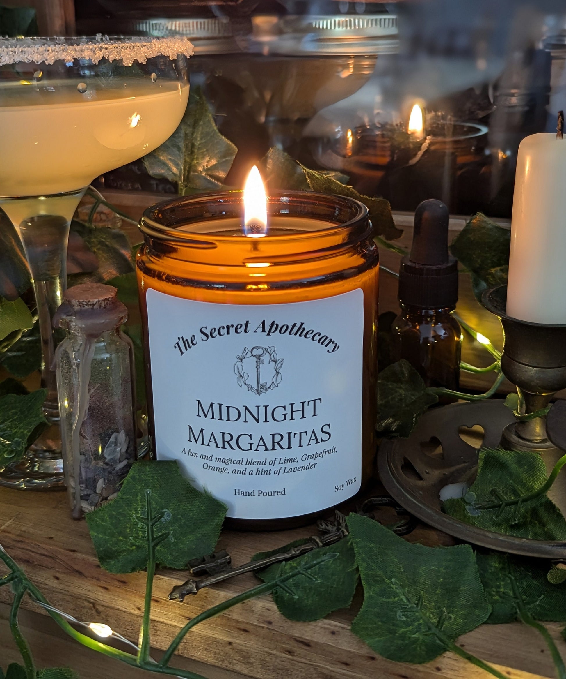 Midnight Margaritas Luxury Scented Candle - 100% organic soy wax with premium essential oils in amber glass jar. Eco friendly.
