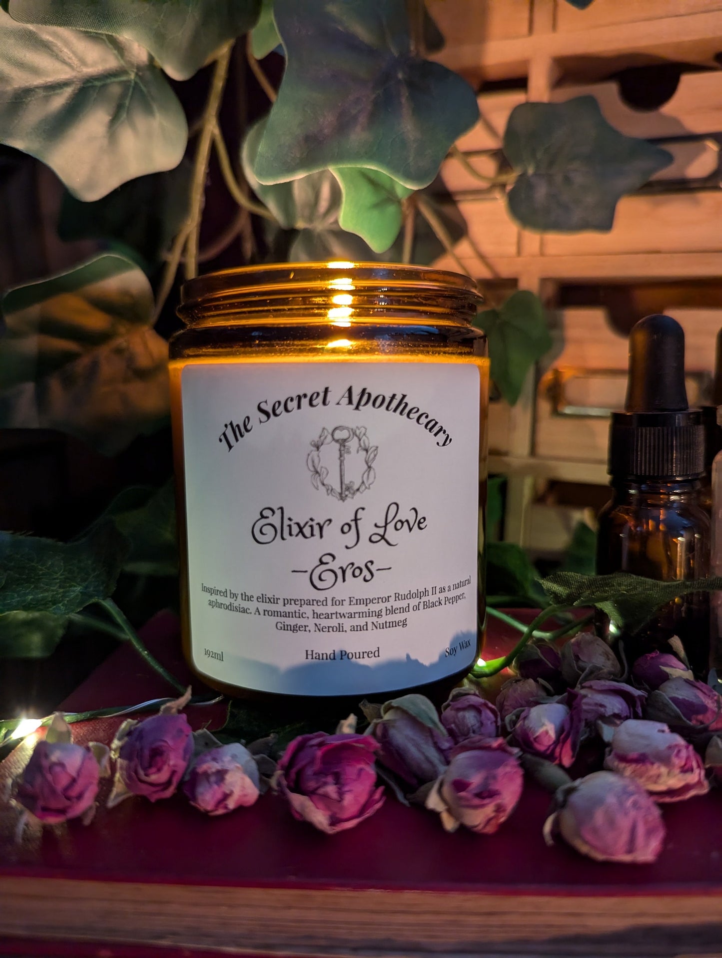 Elixir of Love - Eros - Luxury Scented Candle. Alchemist Range. 100% organic soy wax candle with premium essential oils in amber glass jar.