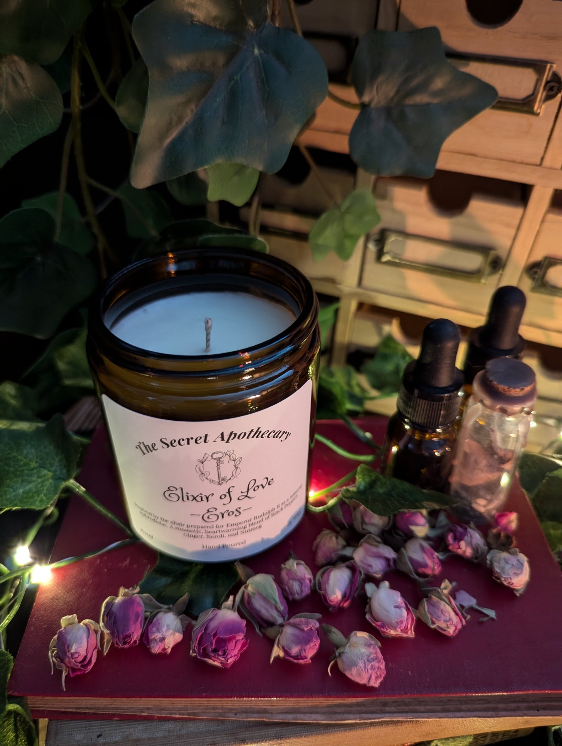 Elixir of Love - Eros - Luxury Scented Candle. Alchemist Range. 100% organic soy wax candle with premium essential oils in amber glass jar.