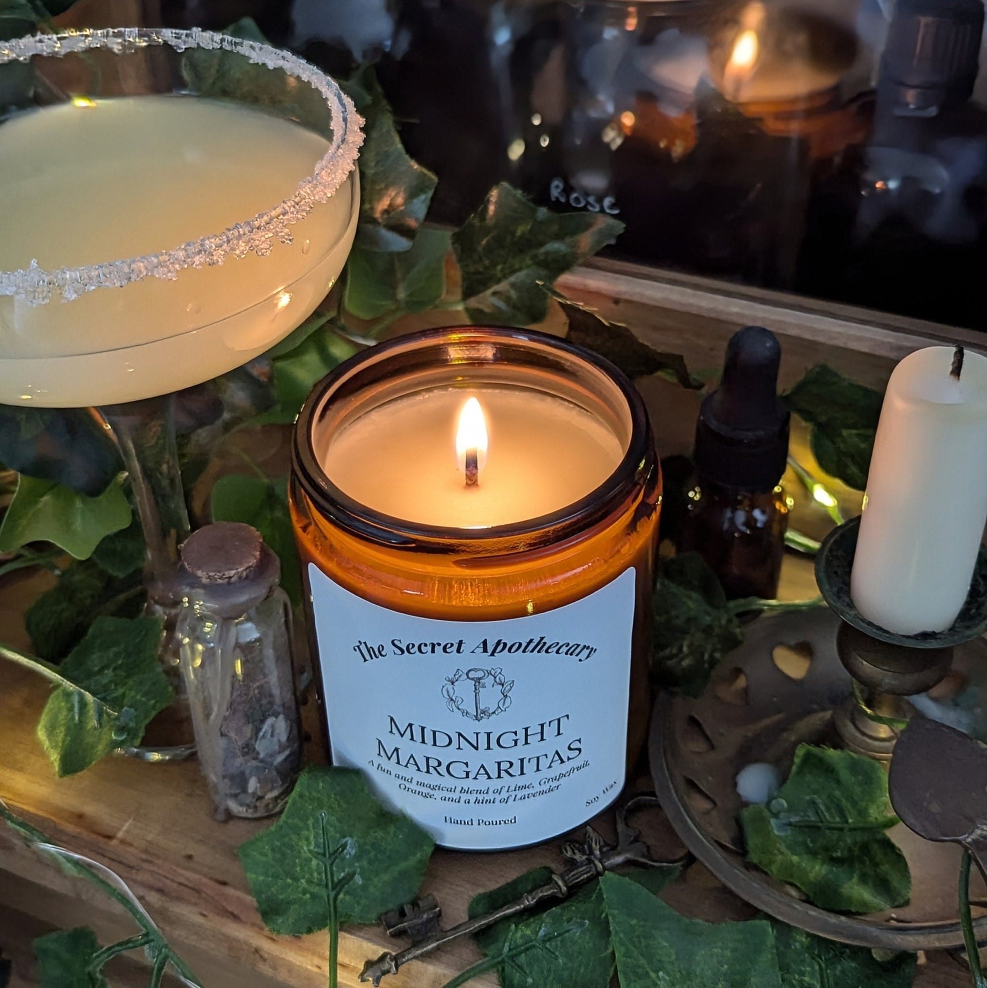 Midnight Margaritas Luxury Scented Candle - 100% organic soy wax with premium essential oils in amber glass jar. Eco friendly.
