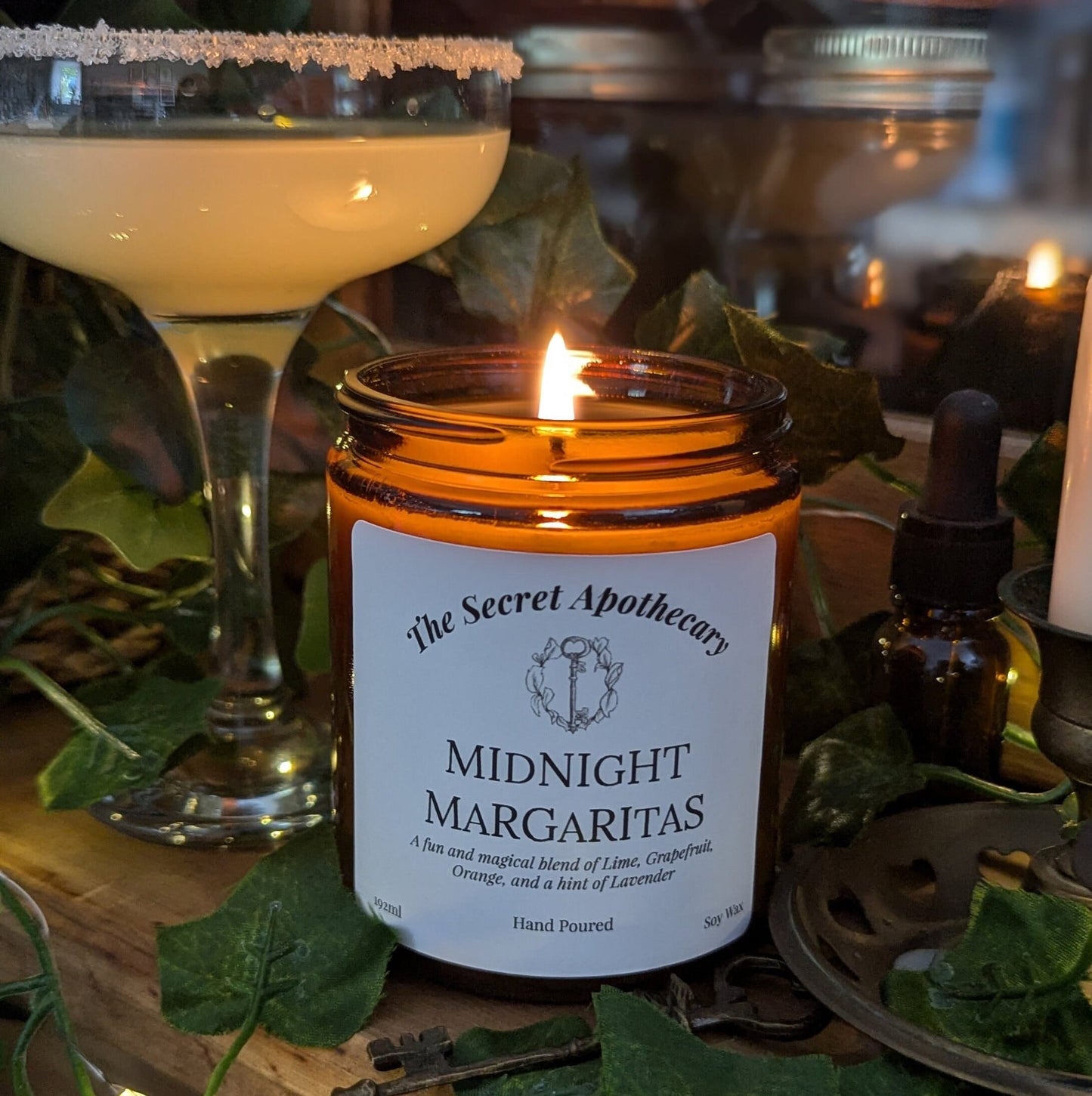 Midnight Margaritas Luxury Scented Candle - 100% organic soy wax with premium essential oils in amber glass jar. Eco friendly.