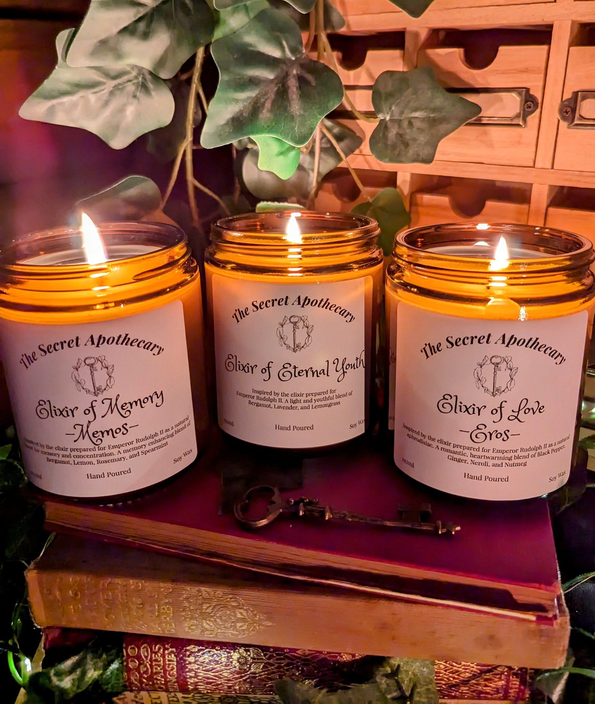 Elixir of Eternal Youth - Luxury Scented Candle. Alchemist Range. 100% organic soy wax candle with premium essential oils in amber glass jar