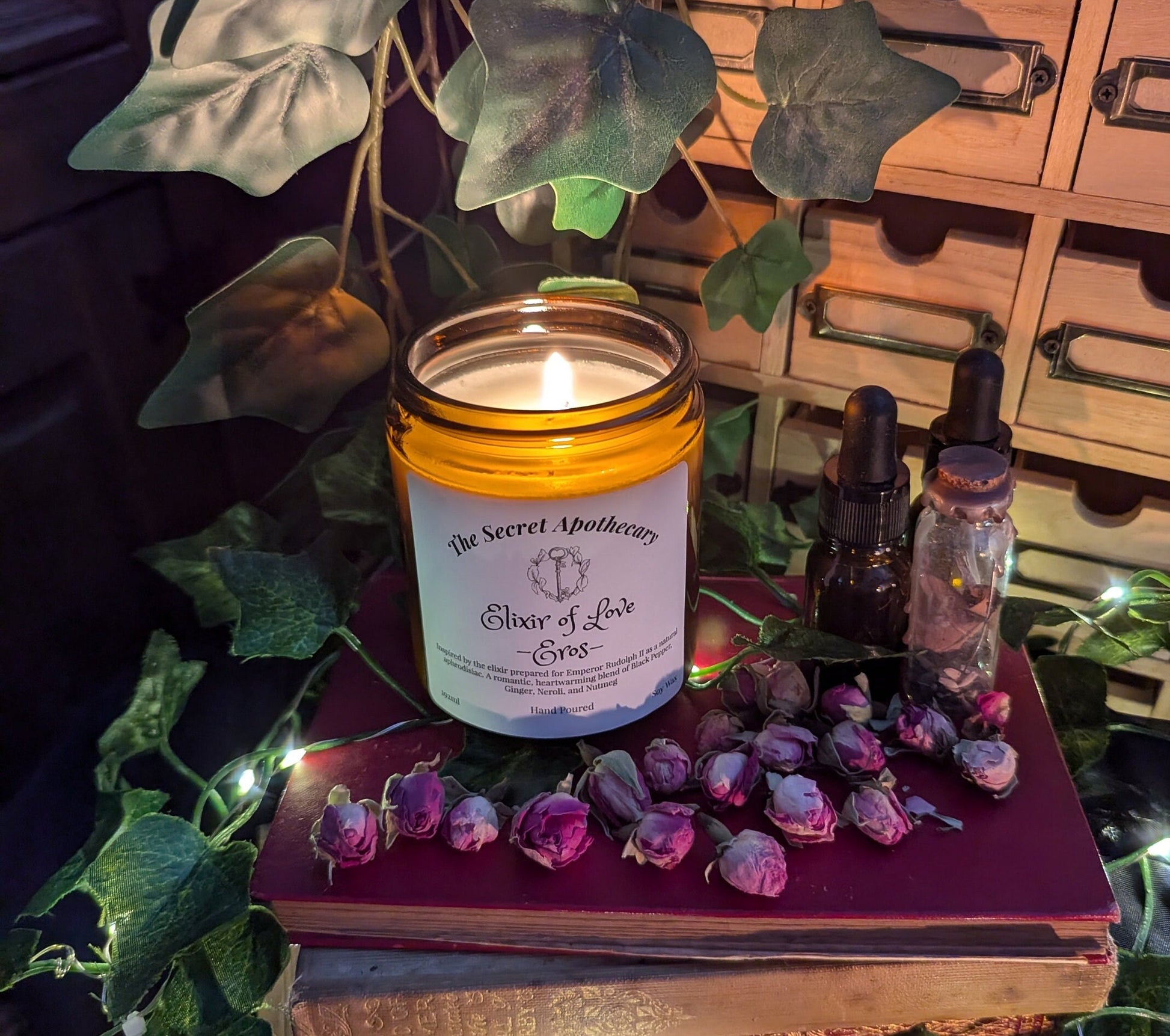 Elixir of Love - Eros - Luxury Scented Candle. Alchemist Range. 100% organic soy wax candle with premium essential oils in amber glass jar.