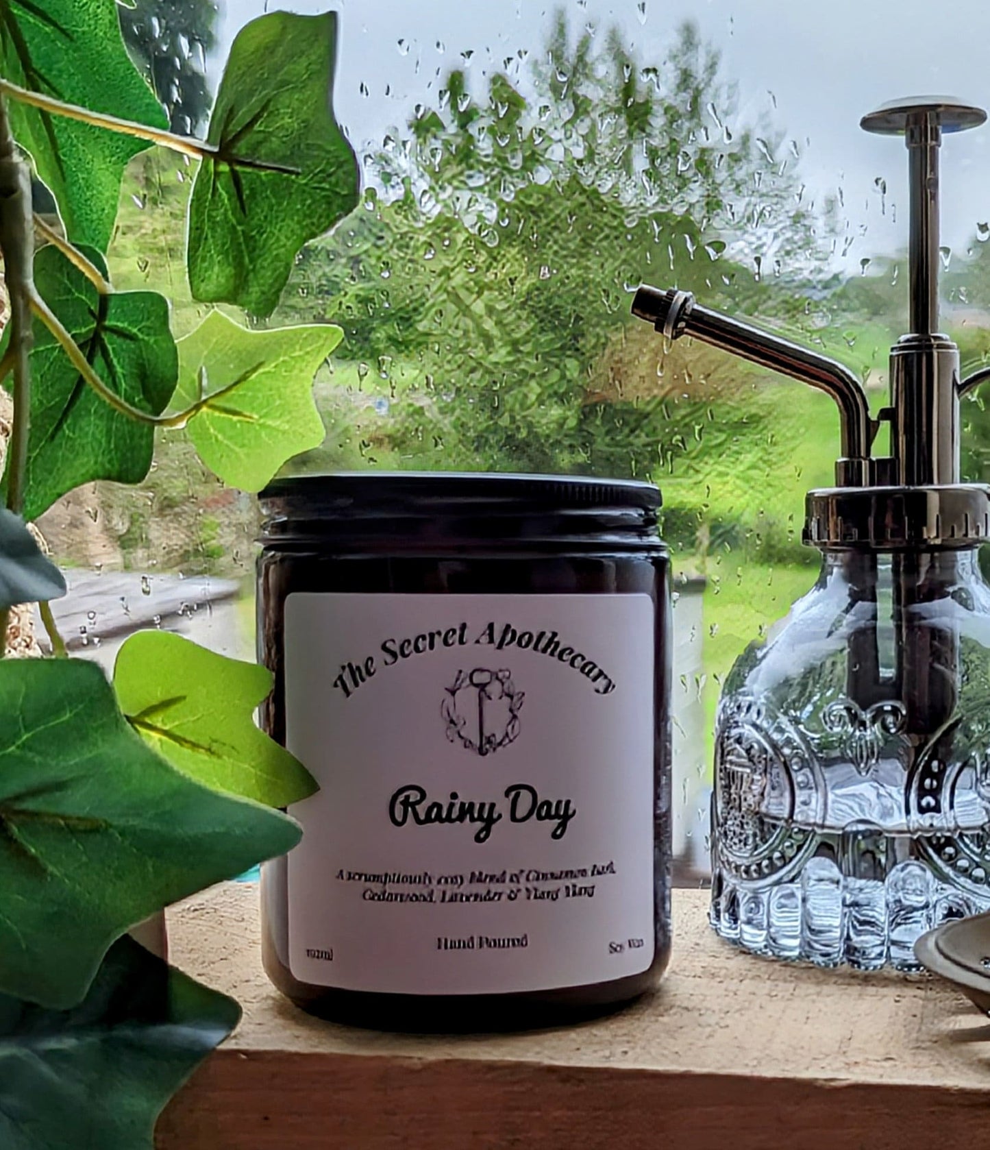 Rainy Day Luxury Scented Candle - 100% organic soy wax candle with premium essential oils in amber glass jar. Eco friendly.