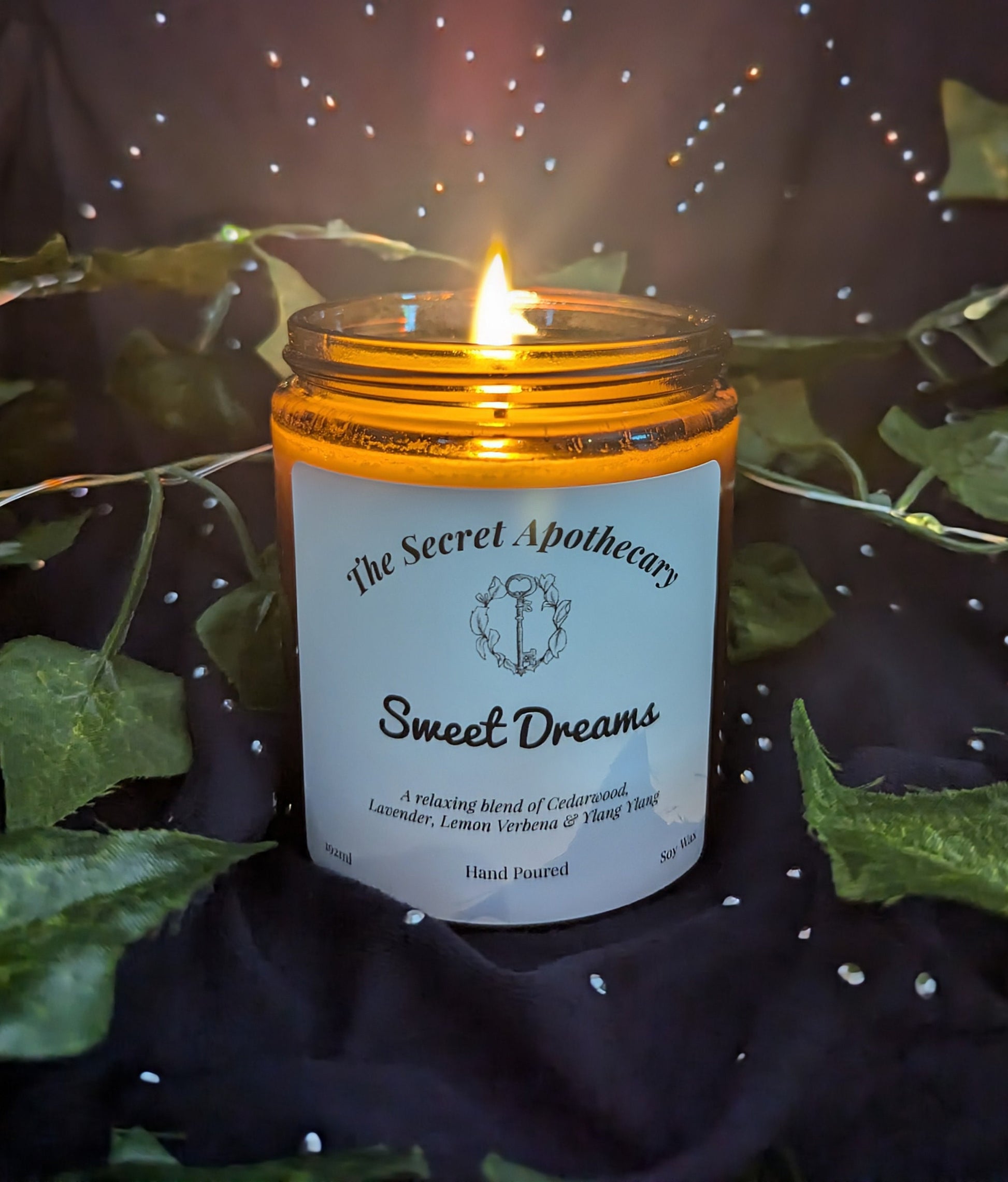 Sweet Dreams Luxury Scented Candle - 100% organic soy wax candle with premium essential oils in amber glass jar. Eco friendly.