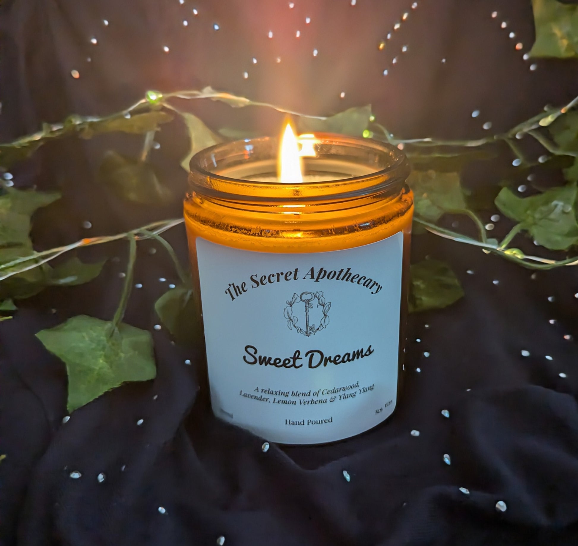 Sweet Dreams Luxury Scented Candle - 100% organic soy wax candle with premium essential oils in amber glass jar. Eco friendly.