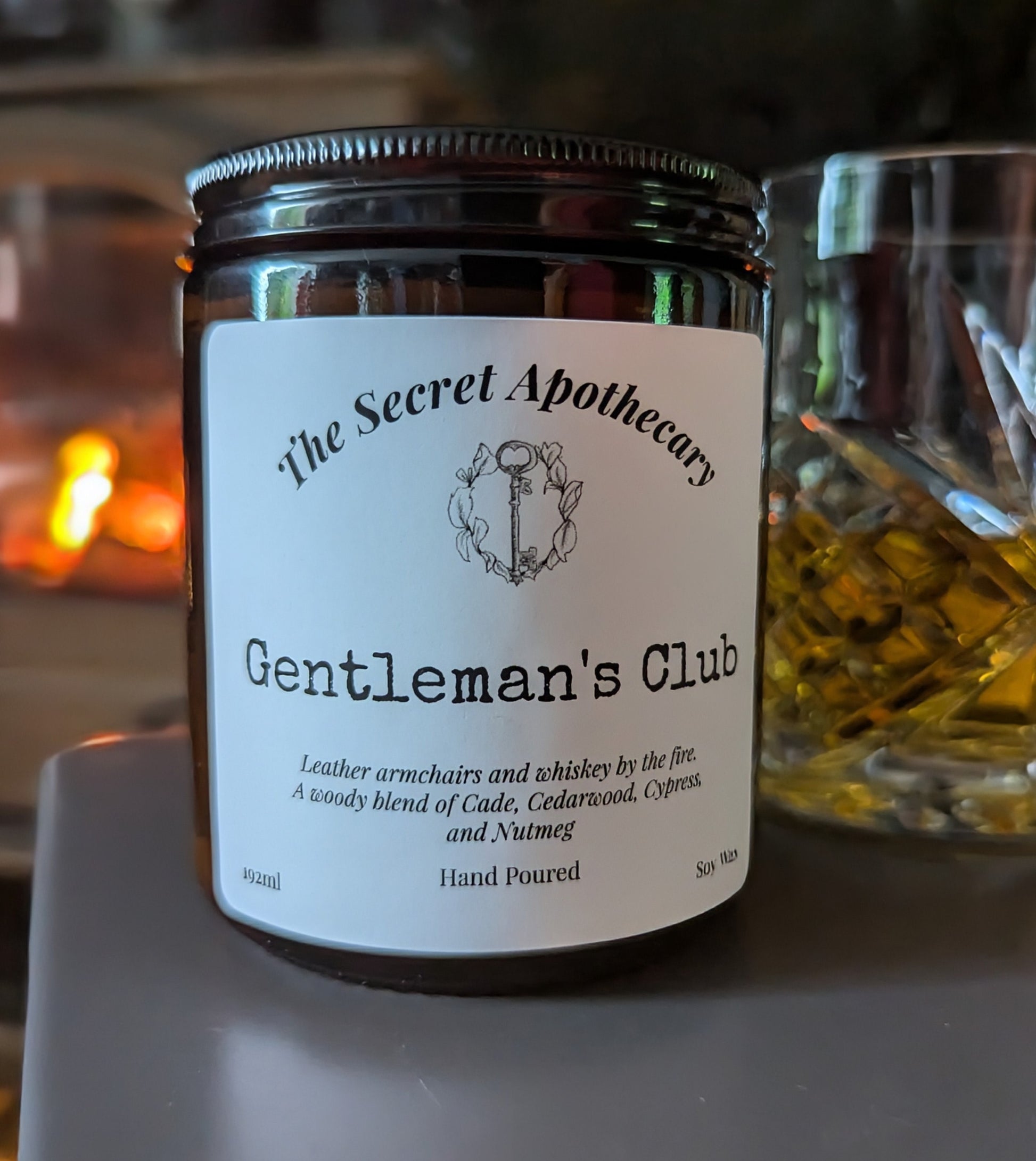 Gentleman's Club Luxury Scented Candle - 100% organic soy wax candle with premium essential oils in amber glass jar. Eco friendly.