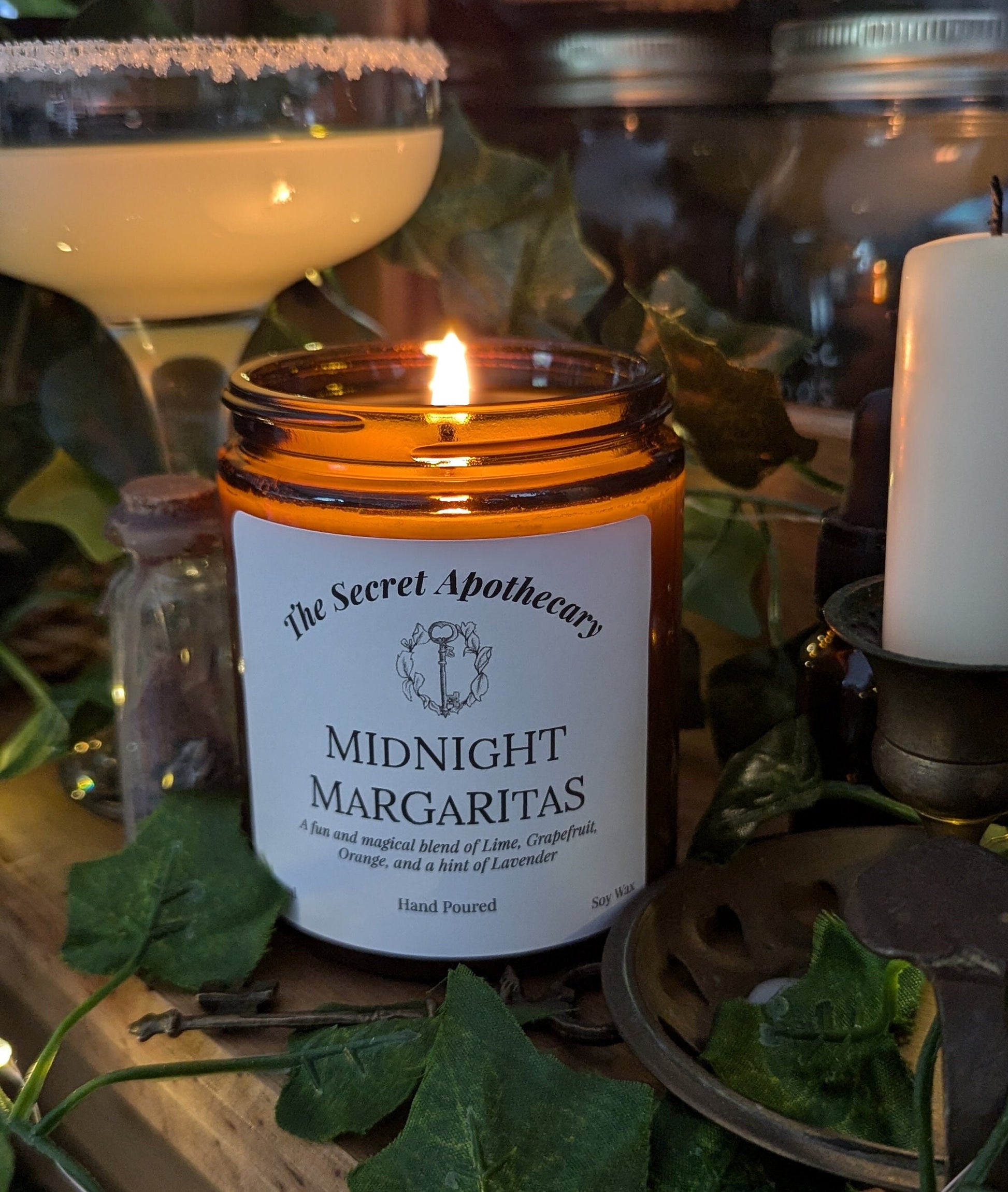 Midnight Margaritas Luxury Scented Candle - 100% organic soy wax with premium essential oils in amber glass jar. Eco friendly.