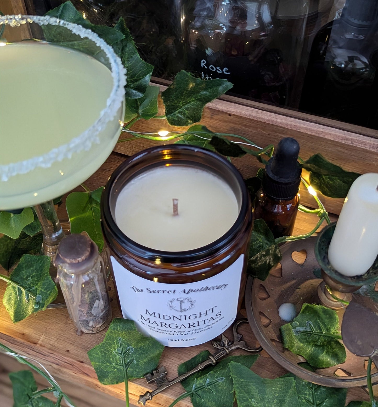 Midnight Margaritas Luxury Scented Candle - 100% organic soy wax with premium essential oils in amber glass jar. Eco friendly.