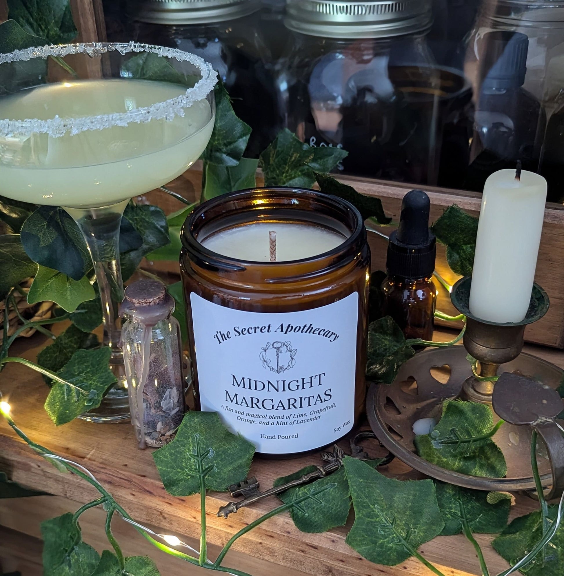Midnight Margaritas Luxury Scented Candle - 100% organic soy wax with premium essential oils in amber glass jar. Eco friendly.